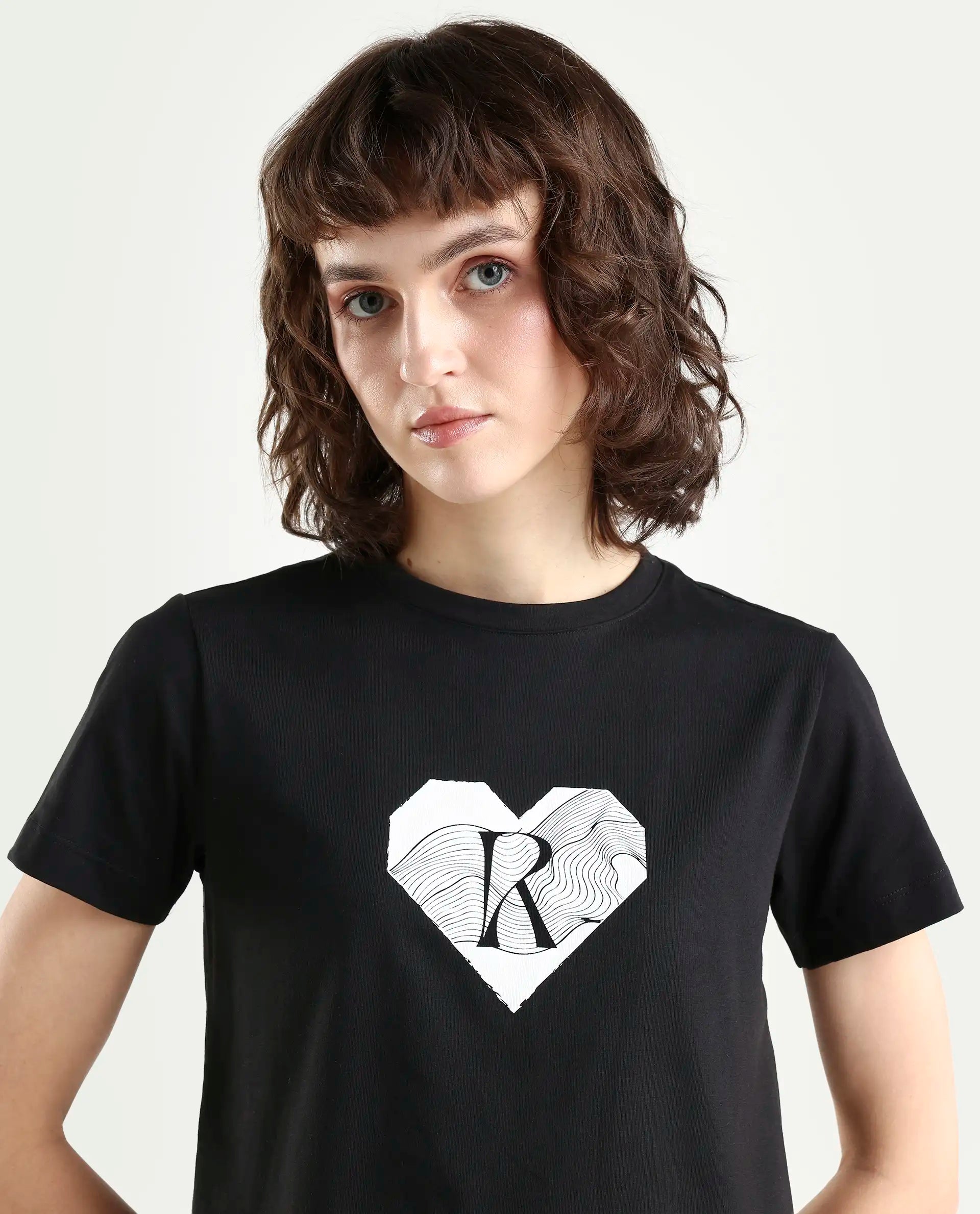 Rareism Women's Lee Black Cotton Blend Crew Neck Graphic Print Regular Fit T-Shirt