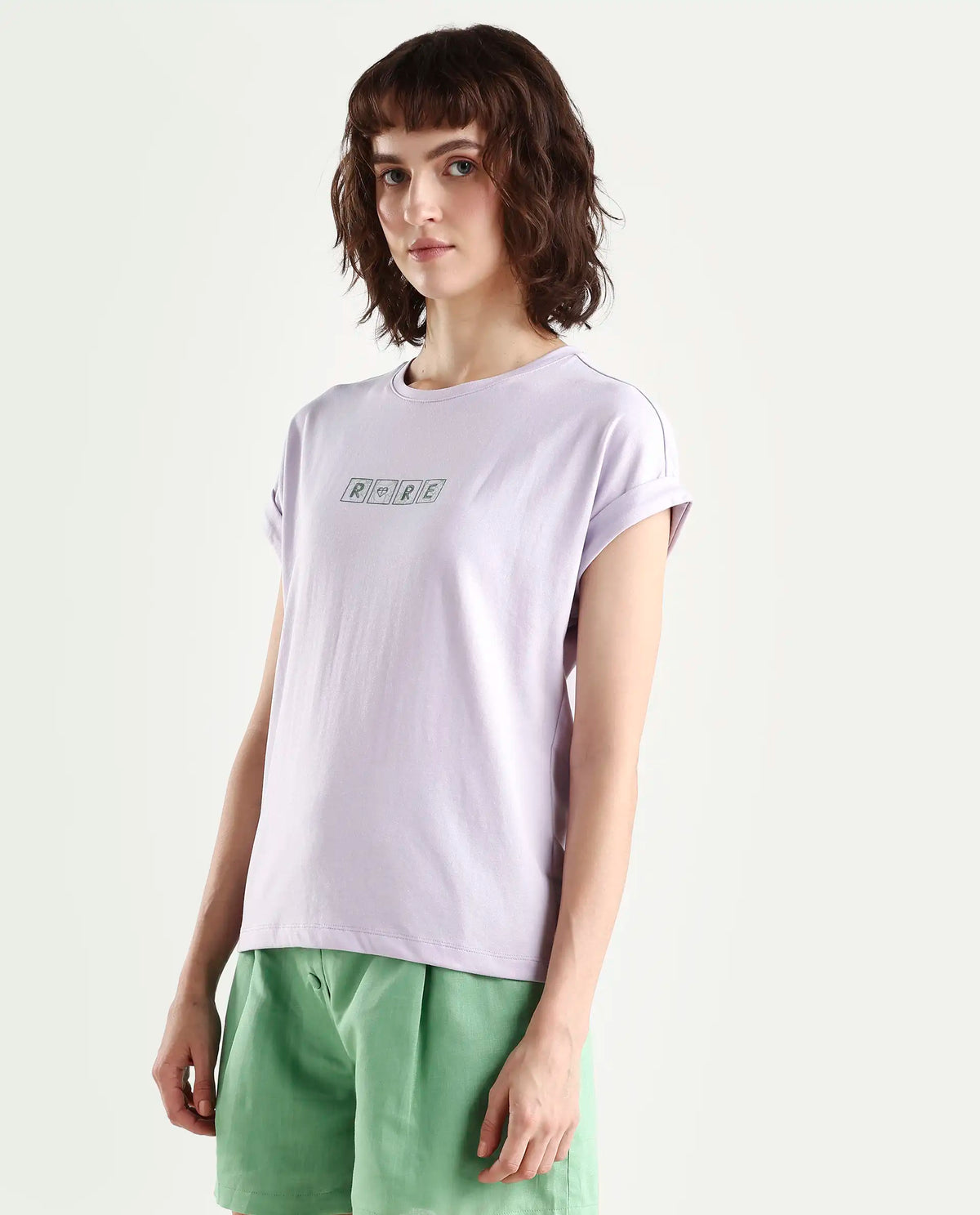 Rareism Women's Alexy Pastel Purple Cotton Blend Crew Neck Graphic Print Extended Sleeves Regular Fit T-Shirt