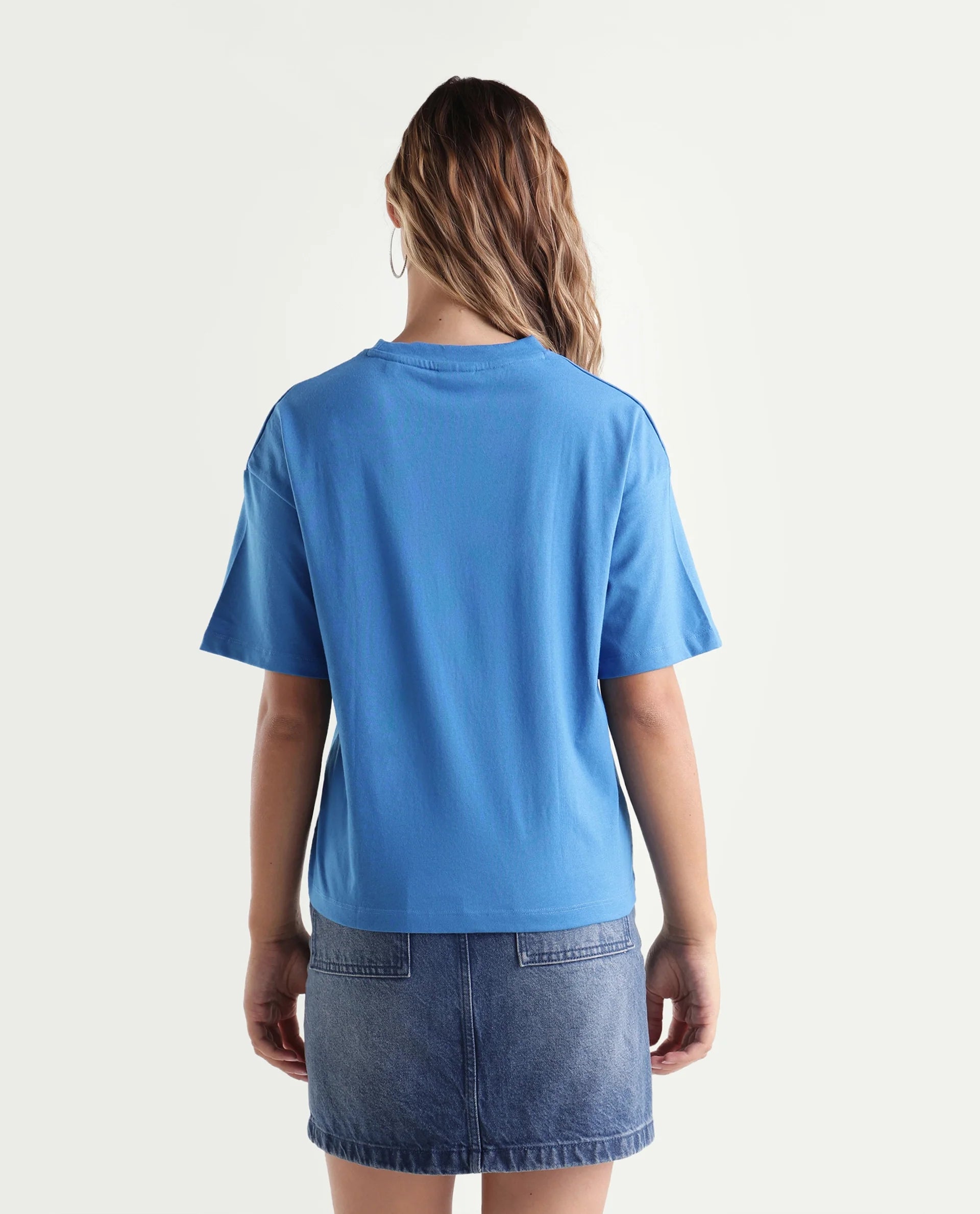 Rareism Women's Karen Blue Cotton Blend Crew Neck Graphic Print Boxy Fit T-Shirt