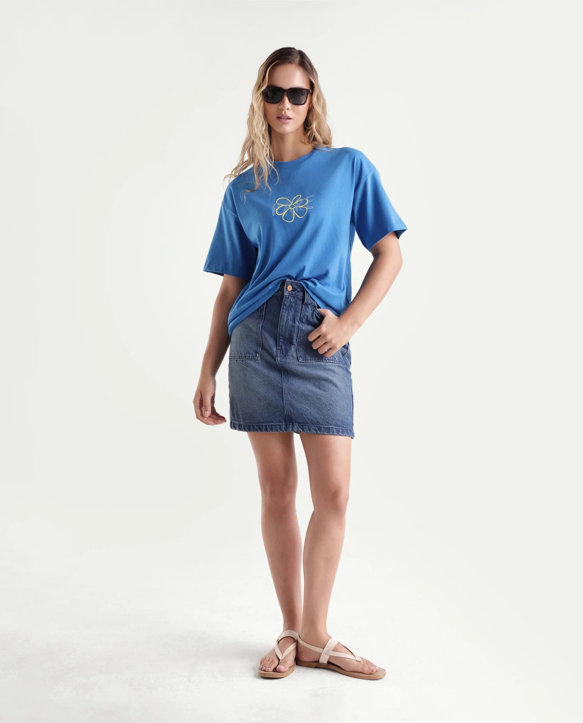 Rareism Women's Karen Blue Cotton Blend Crew Neck Graphic Print Boxy Fit T-Shirt