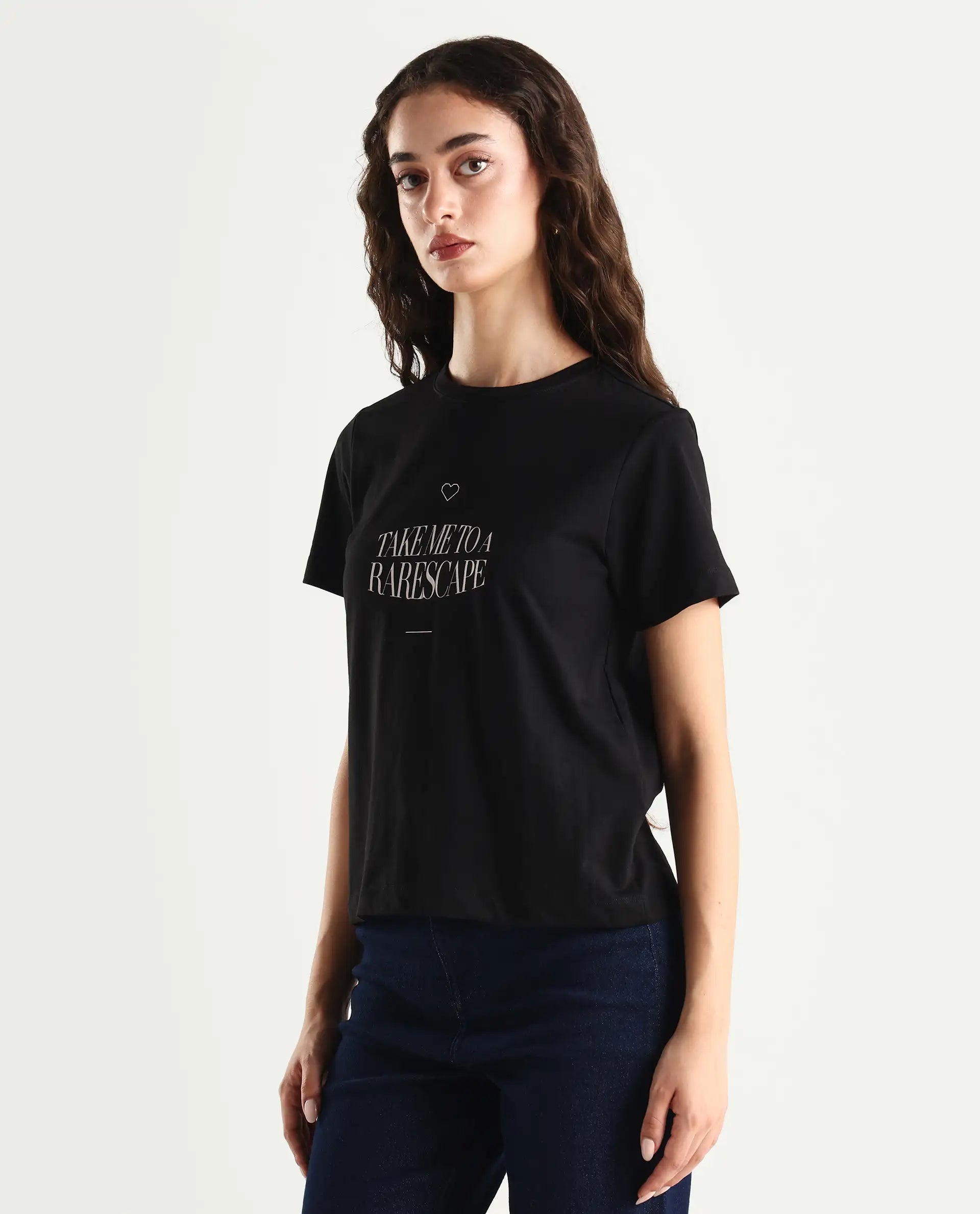Rareism Women's Cotton Blend Crew Neck Graphic Print Regular Fit T-Shirt