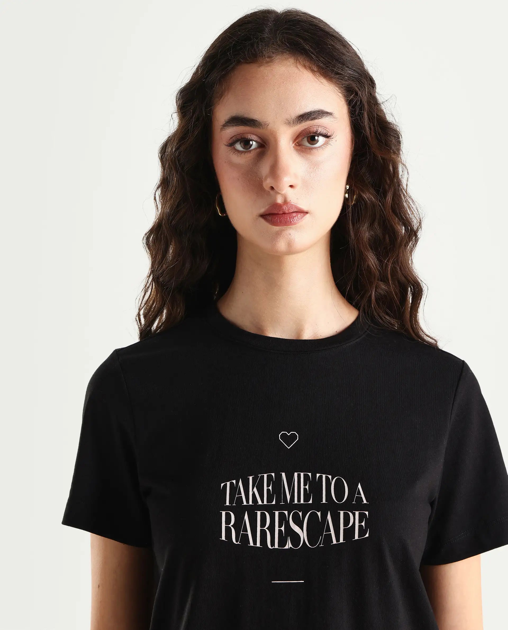 Rareism Women's Cotton Blend Crew Neck Graphic Print Regular Fit T-Shirt