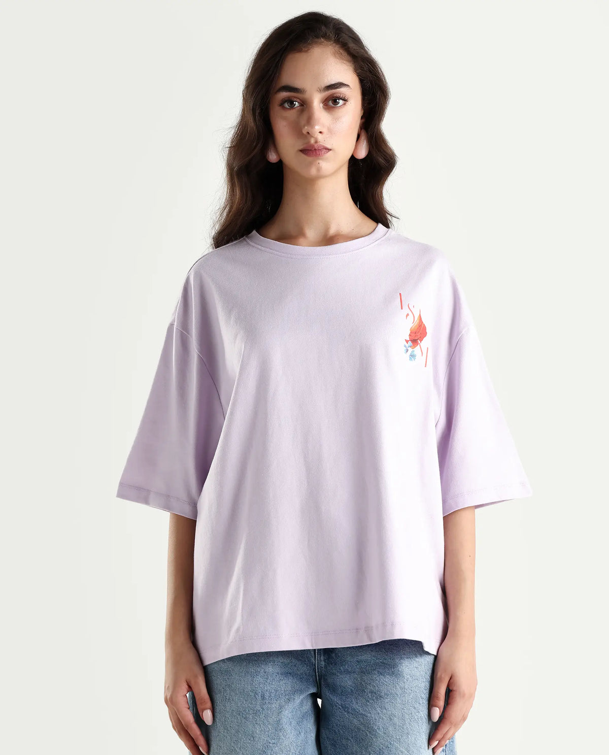 Rareism Women's Arlene Pastel Purple Cotton Blend Crew Neck Graphic Print Relaxed Fit T-Shirt