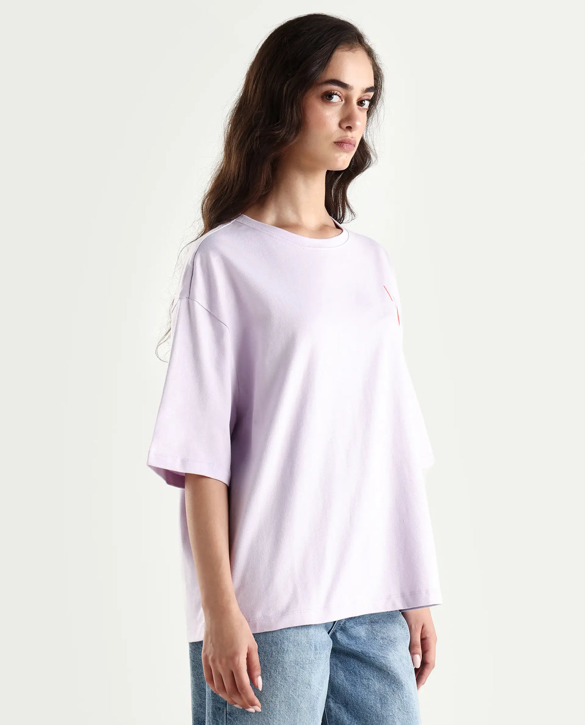 Rareism Women's Arlene Pastel Purple Cotton Blend Crew Neck Graphic Print Relaxed Fit T-Shirt