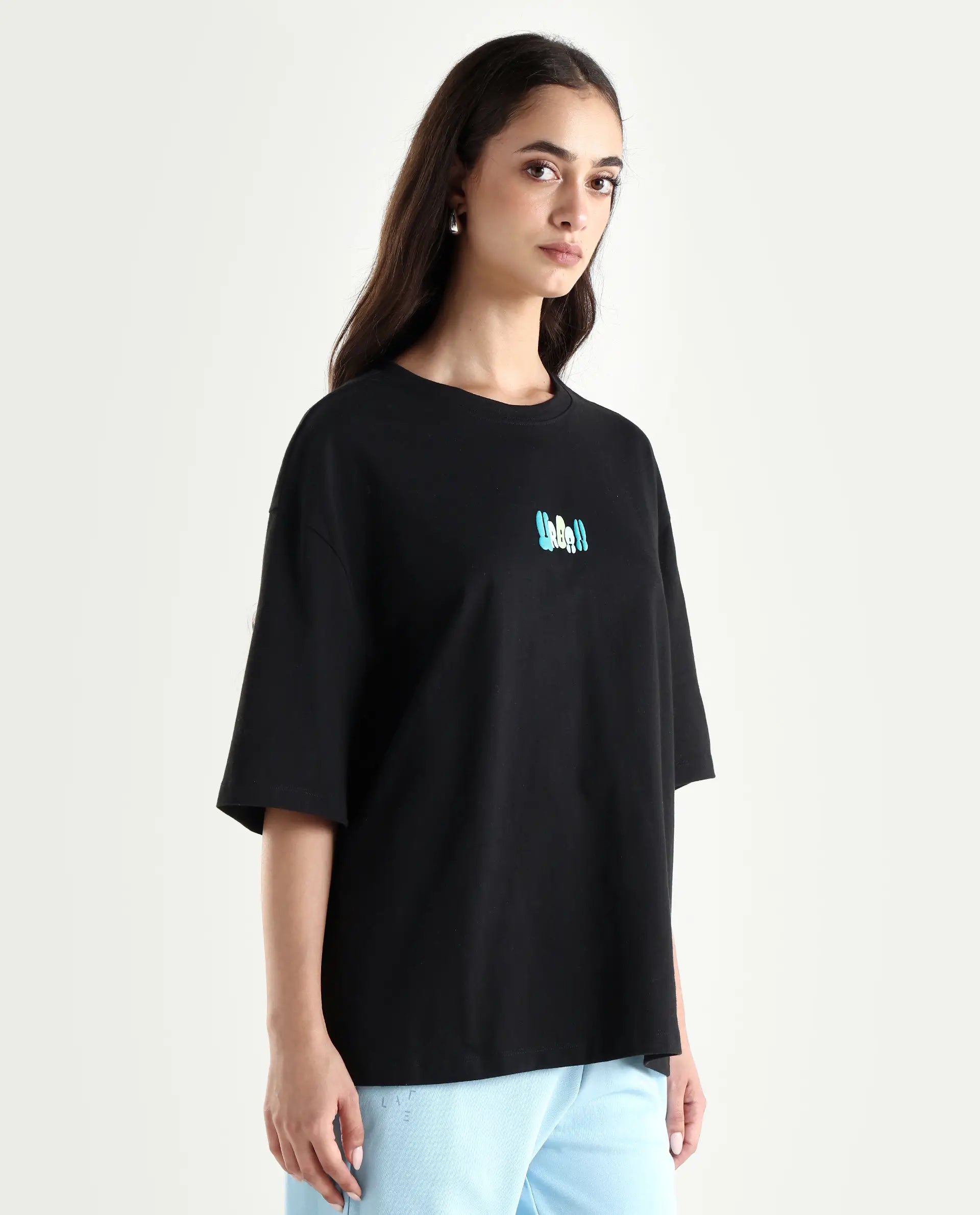 Rareism Women's Earl Black Cotton Blend Crew Neck Graphic Print Relaxed Fit T-Shirt