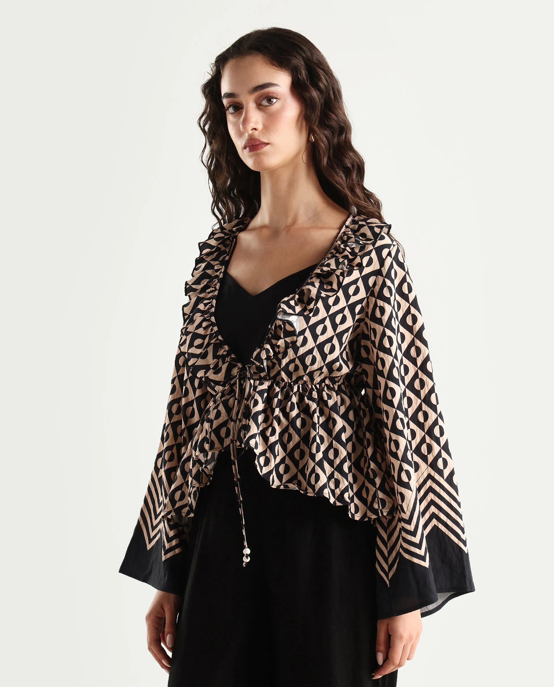 Rareism Women's Smor Black Viscose Blend Sweetheart Neck Geometric Print Bell Sleeve Regular Fit Top