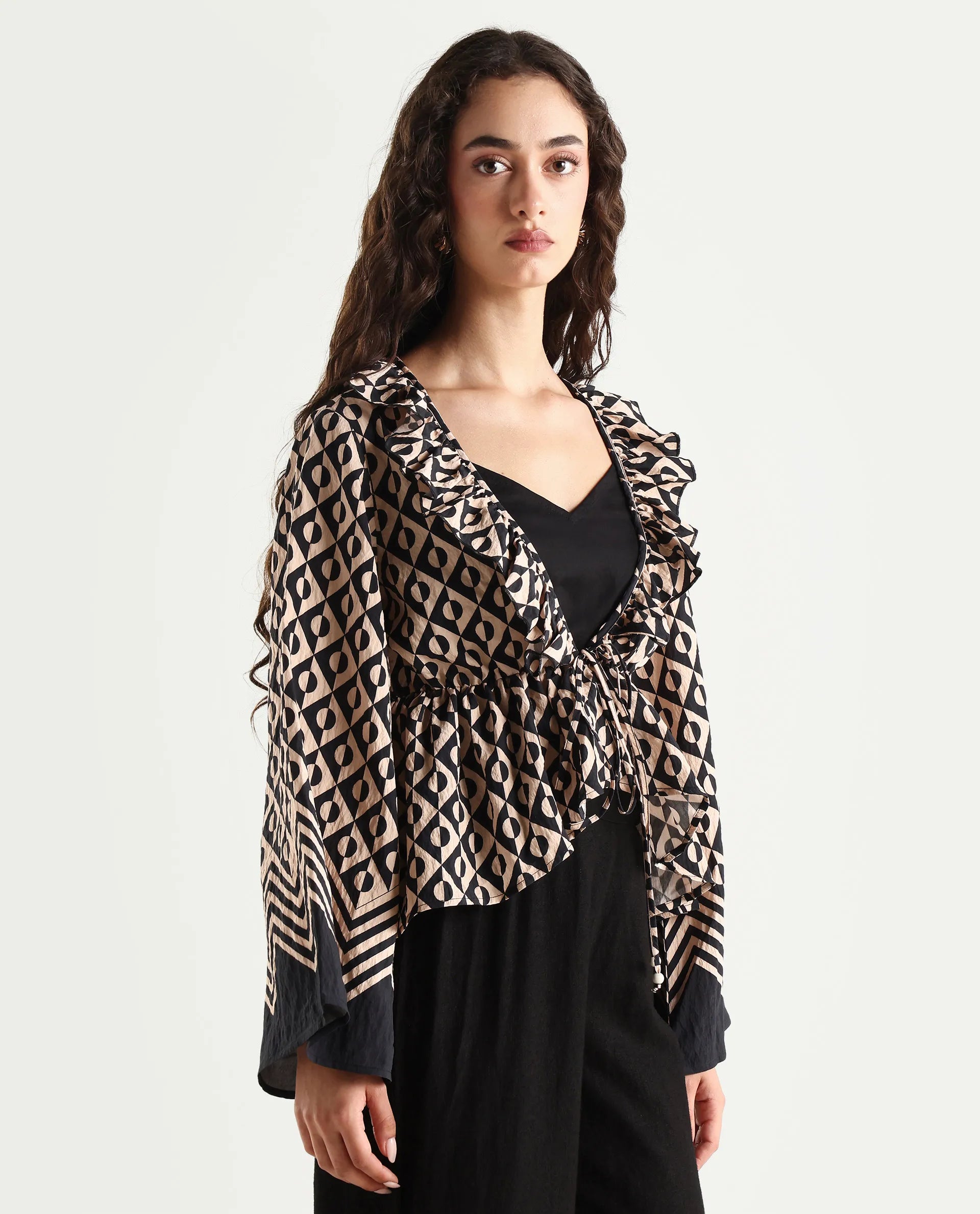 Rareism Women's Smor Black Viscose Blend Sweetheart Neck Geometric Print Bell Sleeve Regular Fit Top