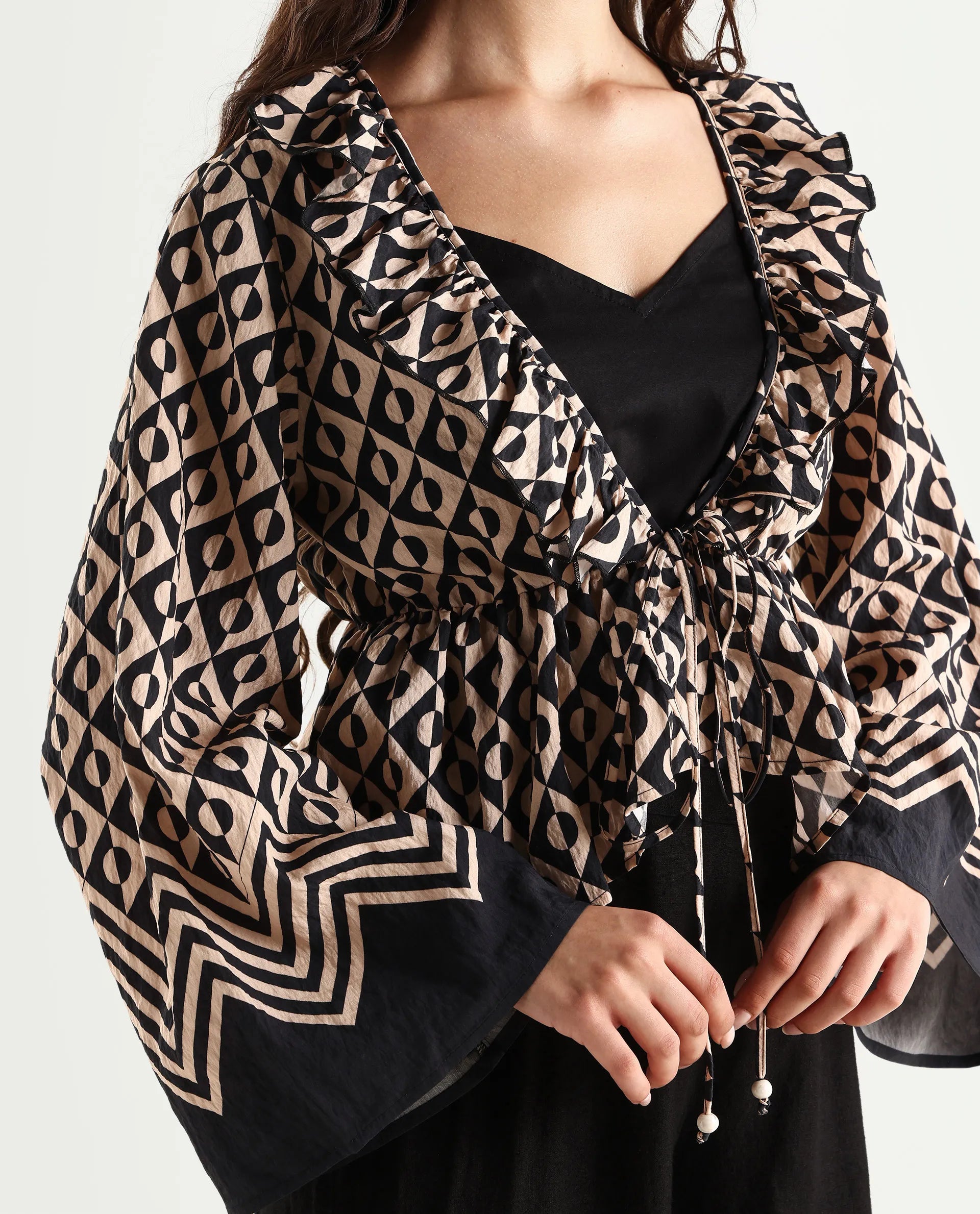 Rareism Women's Smor Black Viscose Blend Sweetheart Neck Geometric Print Bell Sleeve Regular Fit Top