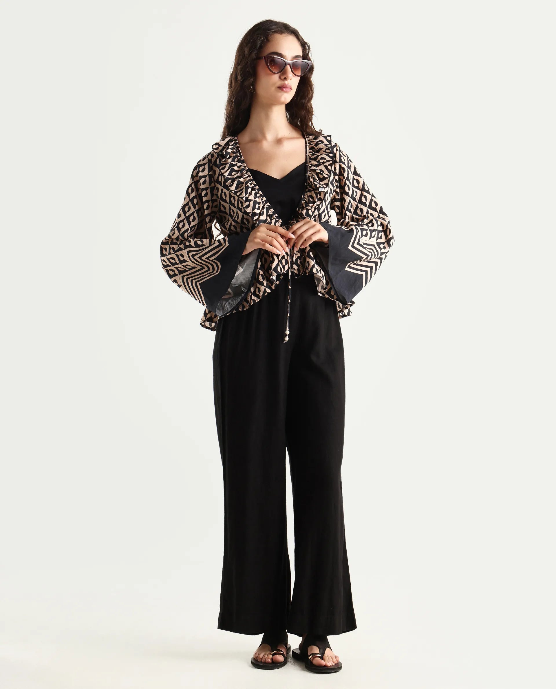 Rareism Women's Smor Black Viscose Blend Sweetheart Neck Geometric Print Bell Sleeve Regular Fit Top