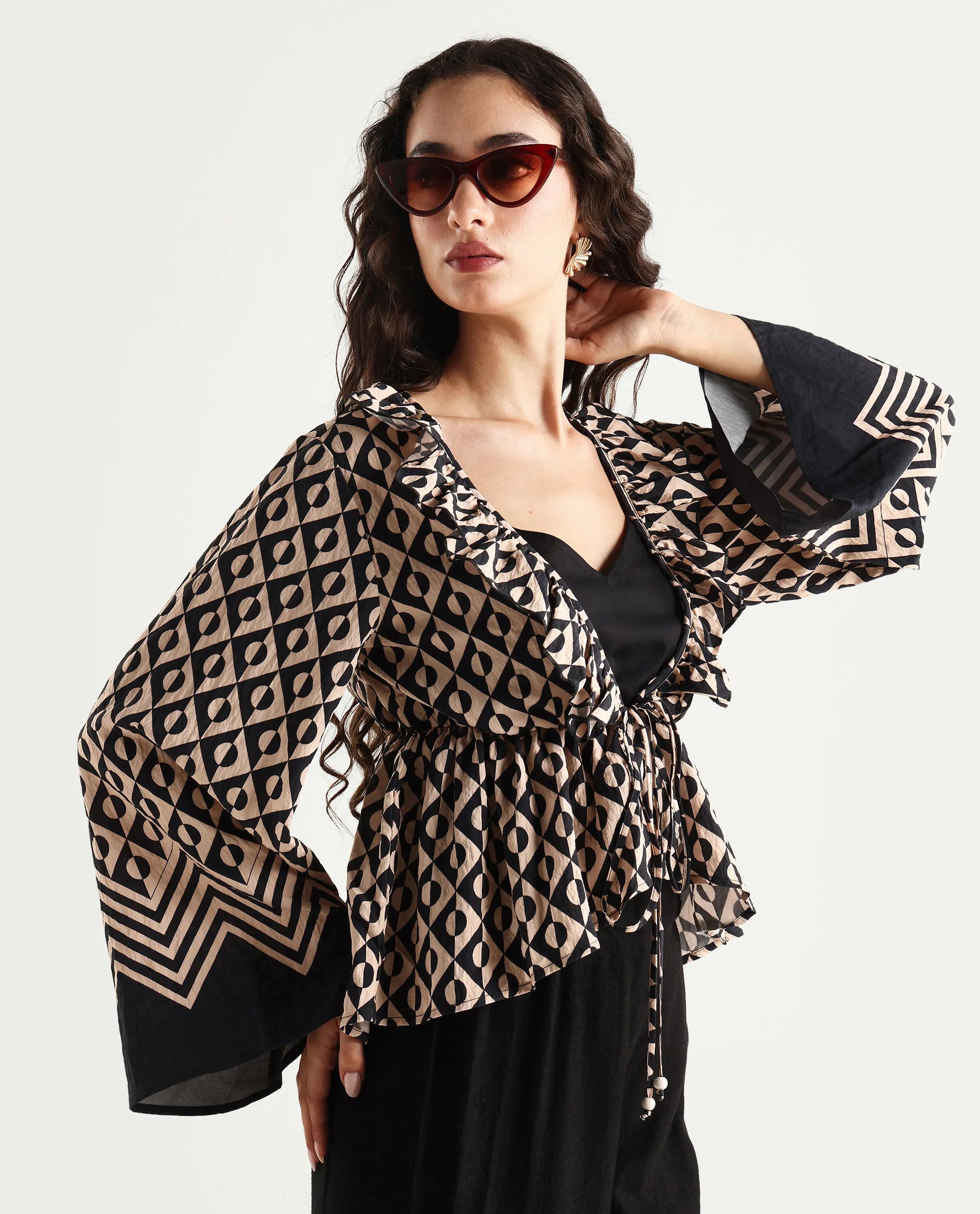 Rareism Women's Smor Black Viscose Blend Sweetheart Neck Geometric Print Bell Sleeve Regular Fit Top