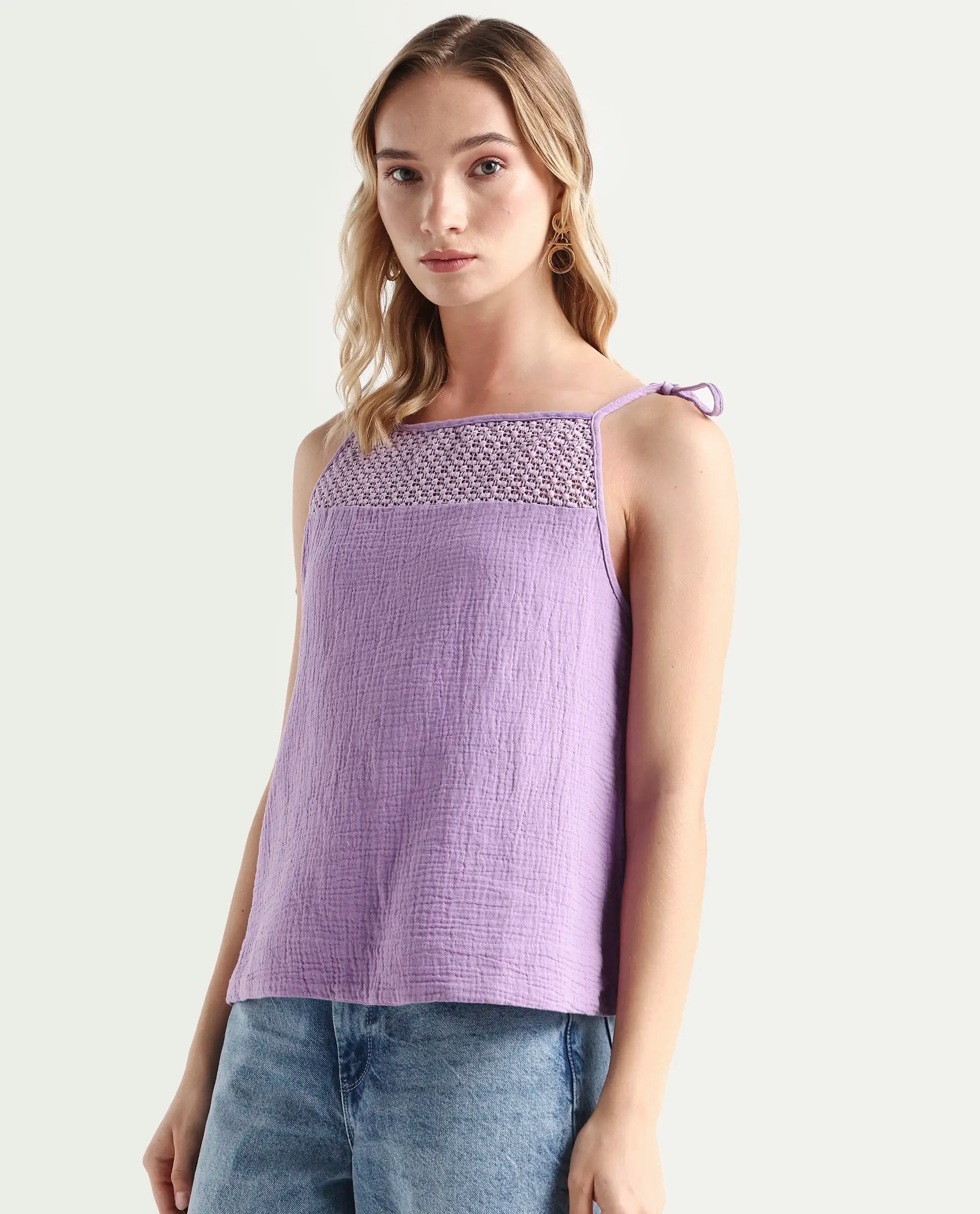 Rareism Women's Jordyn-T Pastel Purple Cotton Blend Shoulder Strap Plain Shoulder Strap Regular Fit Top