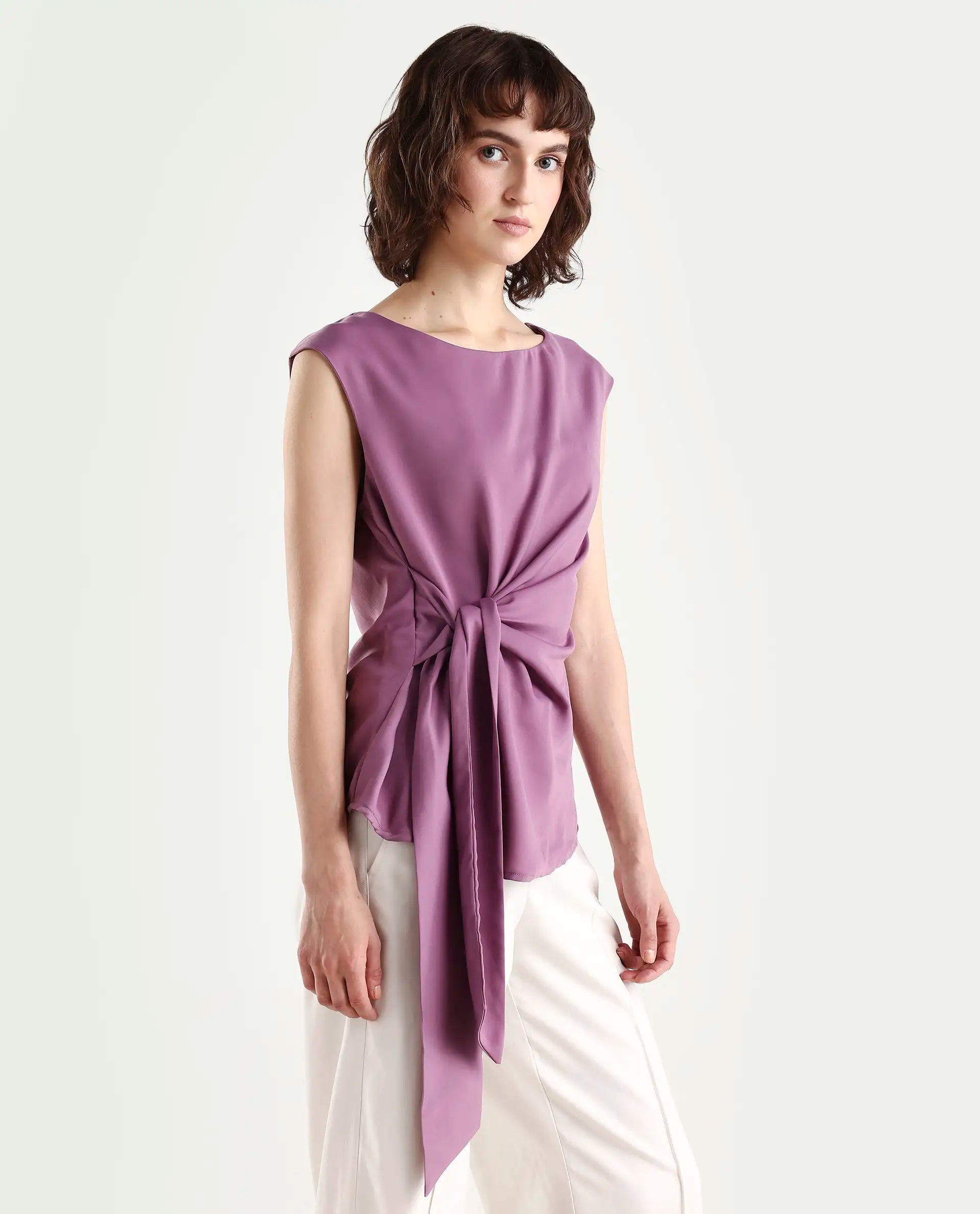 Rareism Women's Wevillet Pastel Purple Satin Boat Neck Plain Sleeveless Regular Fit Top