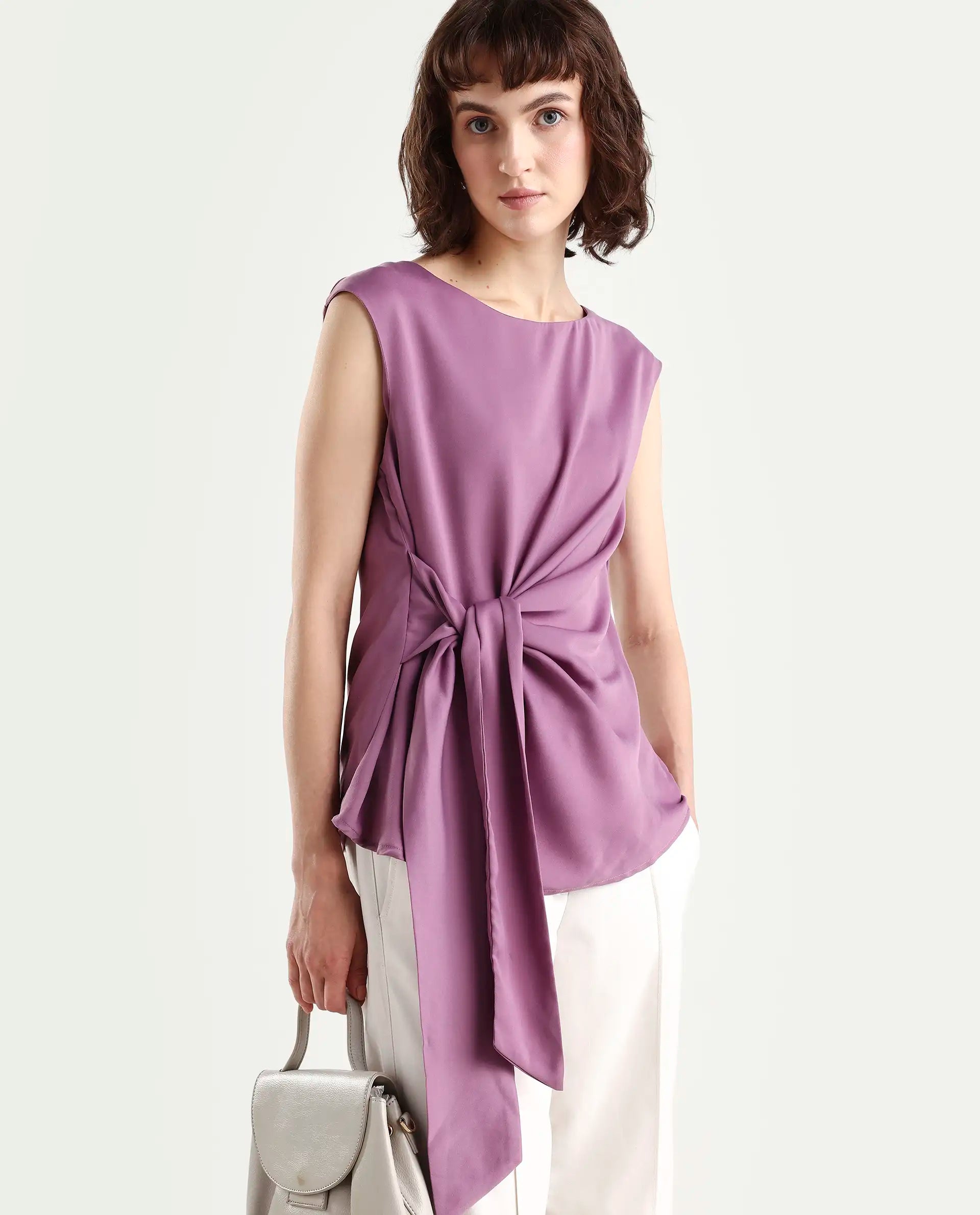 Rareism Women's Wevillet Pastel Purple Satin Boat Neck Plain Sleeveless Regular Fit Top