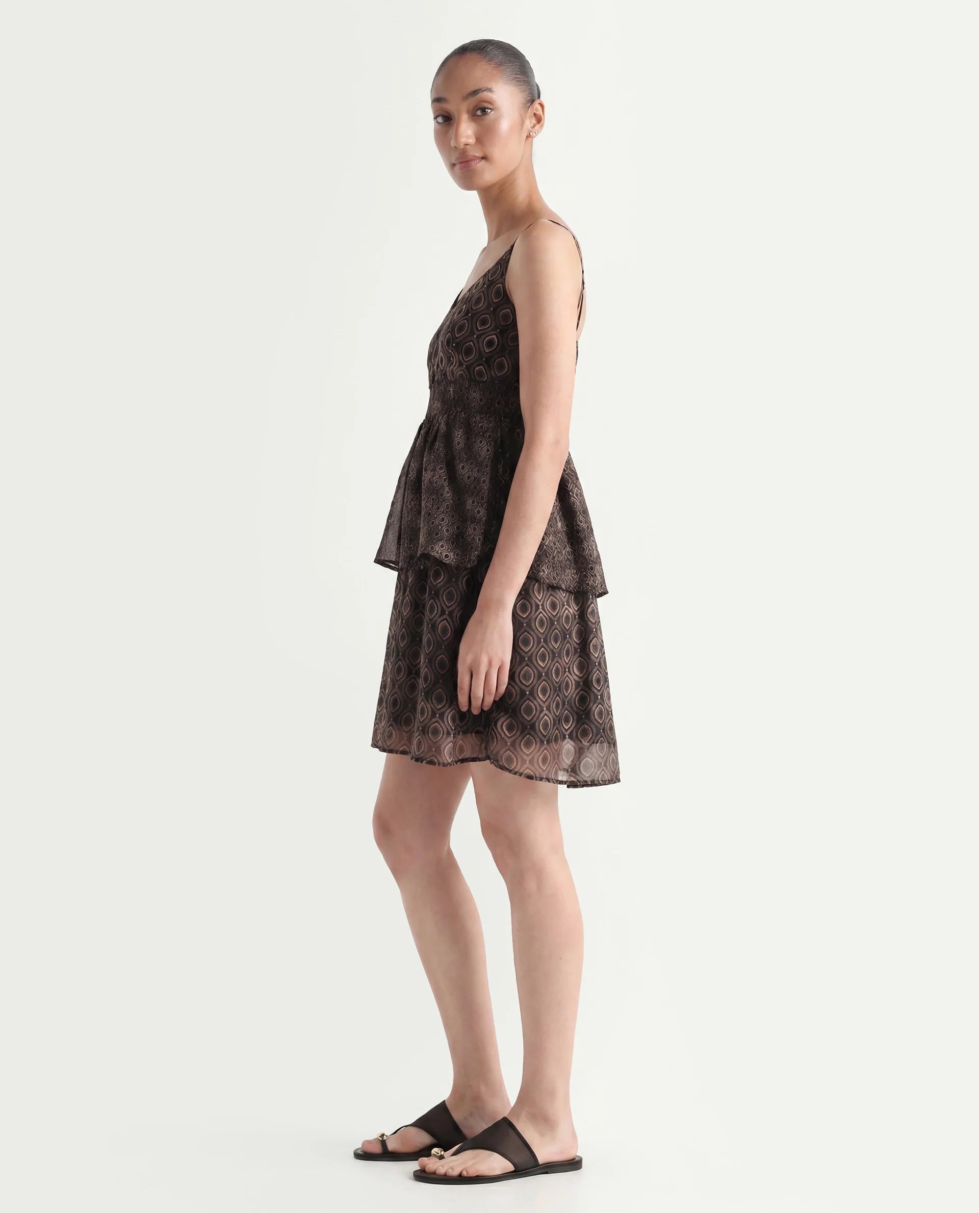 Rareism Women's Leonar Black Polyester Shoulder Strap Geometric Print Shoulder Strap Mini Fit And Flare Dress