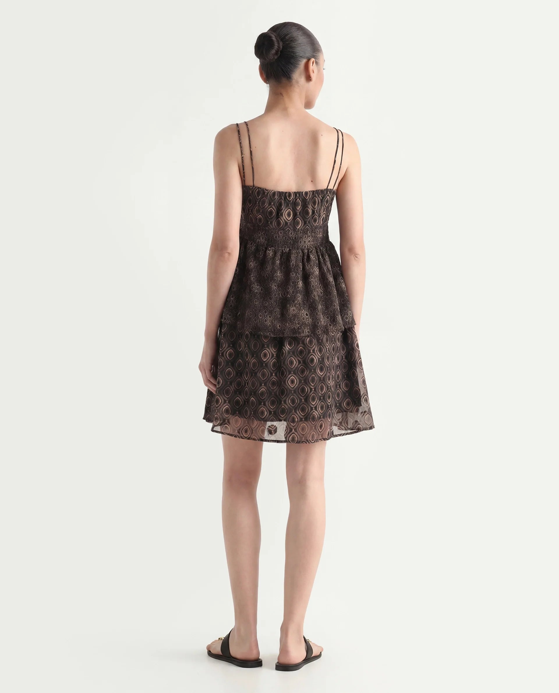 Rareism Women's Leonar Black Polyester Shoulder Strap Geometric Print Shoulder Strap Mini Fit And Flare Dress