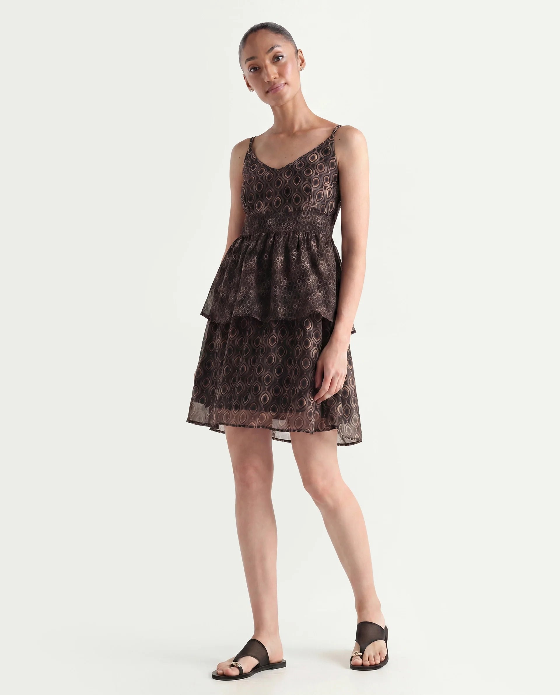 Rareism Women's Leonar Black Polyester Shoulder Strap Geometric Print Shoulder Strap Mini Fit And Flare Dress