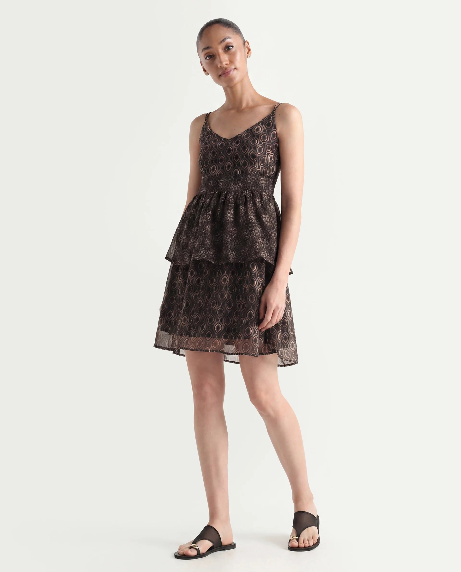 Rareism Women's Leonar Black Polyester Shoulder Strap Geometric Print Shoulder Strap Mini Fit And Flare Dress