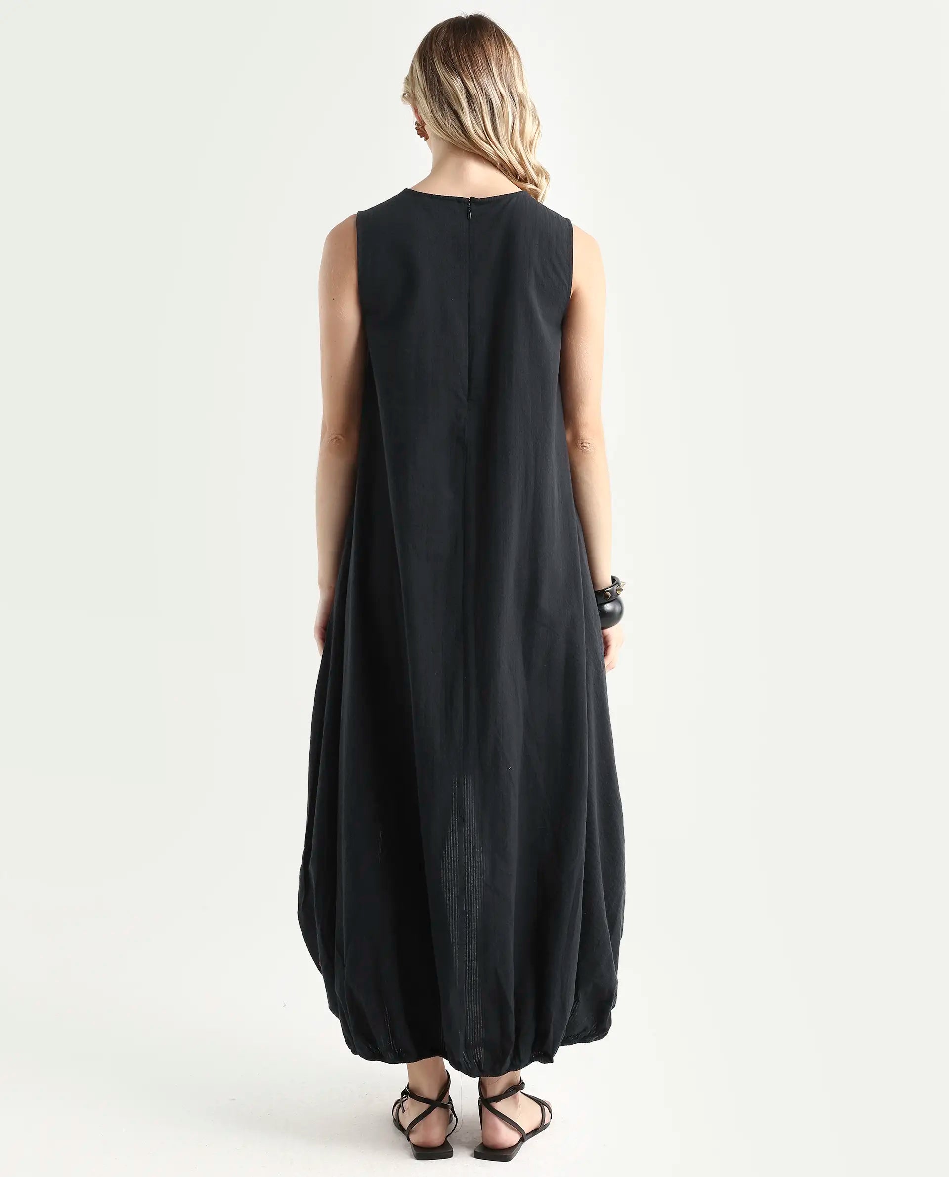 Rareism Women's Zakura Black Cotton Crew Neck Striped Sleeveless Maxi Balloon Dress