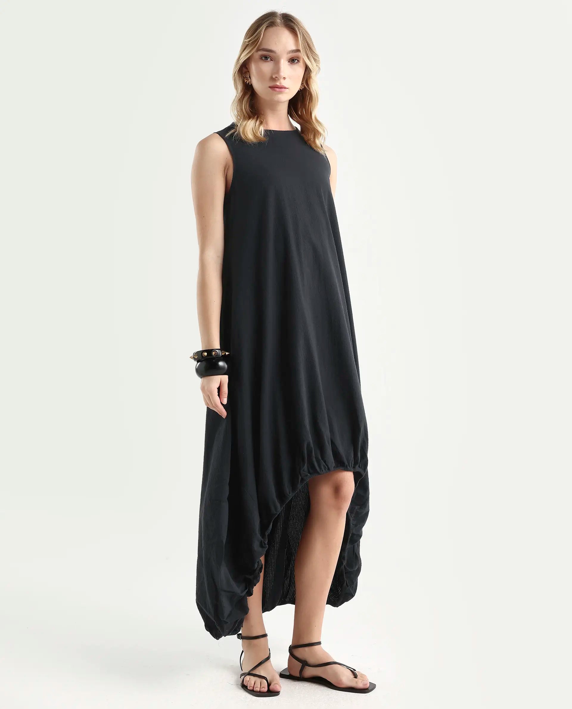 Rareism Women's Zakura Black Cotton Crew Neck Striped Sleeveless Maxi Balloon Dress