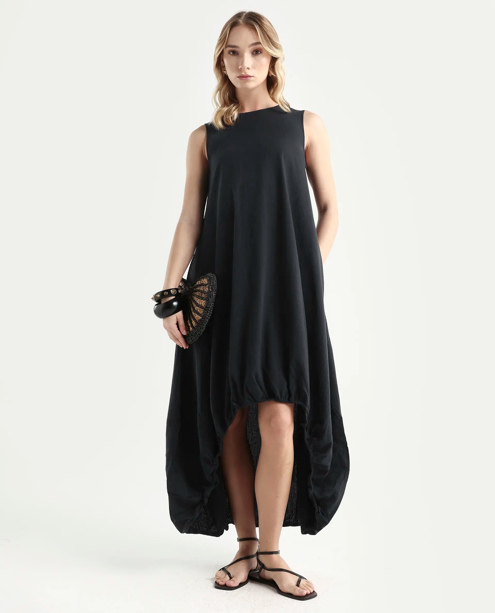 Rareism Women's Zakura Black Cotton Crew Neck Striped Sleeveless Maxi Balloon Dress