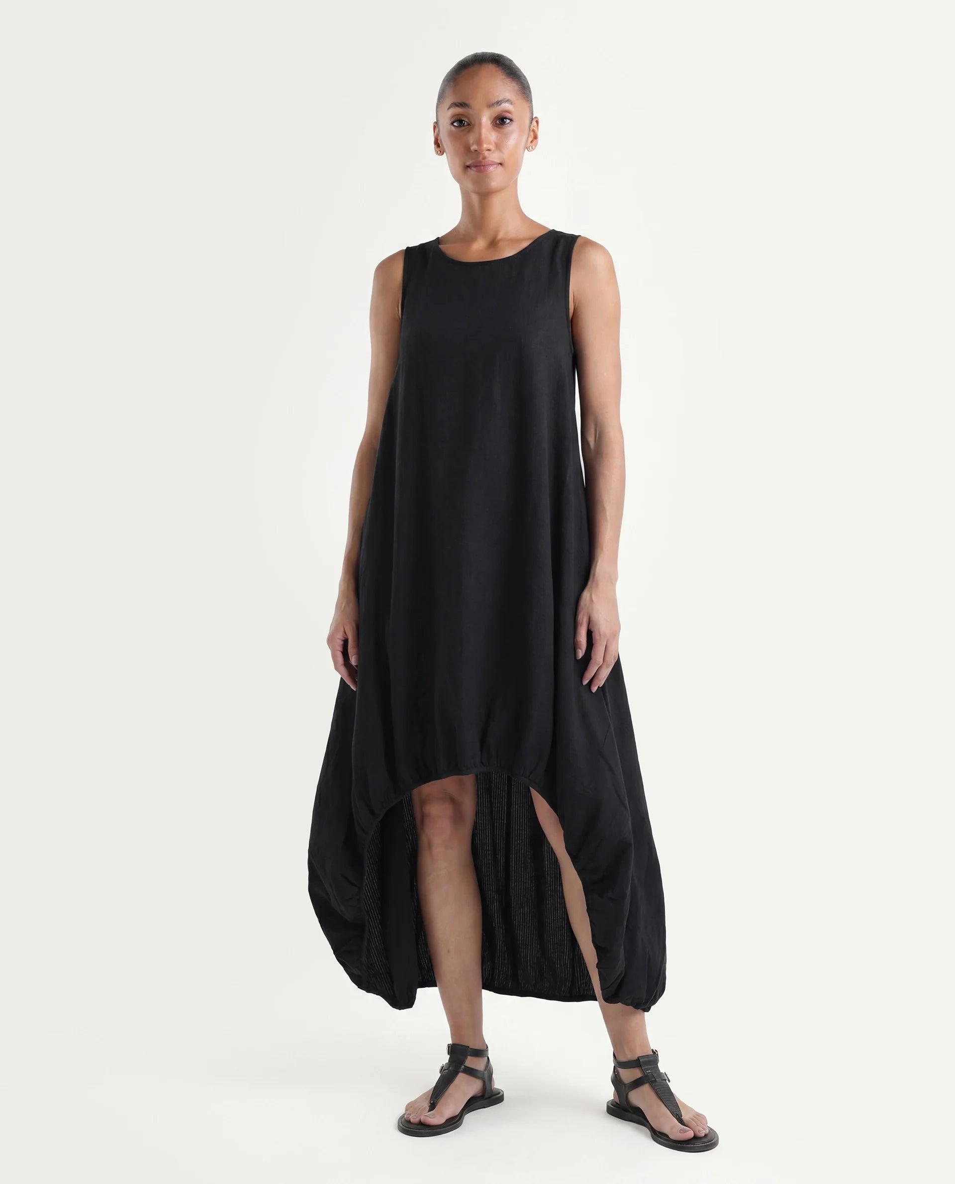 Rareism Women's Zakura Black Cotton Crew Neck Striped Sleeveless Maxi Balloon Dress