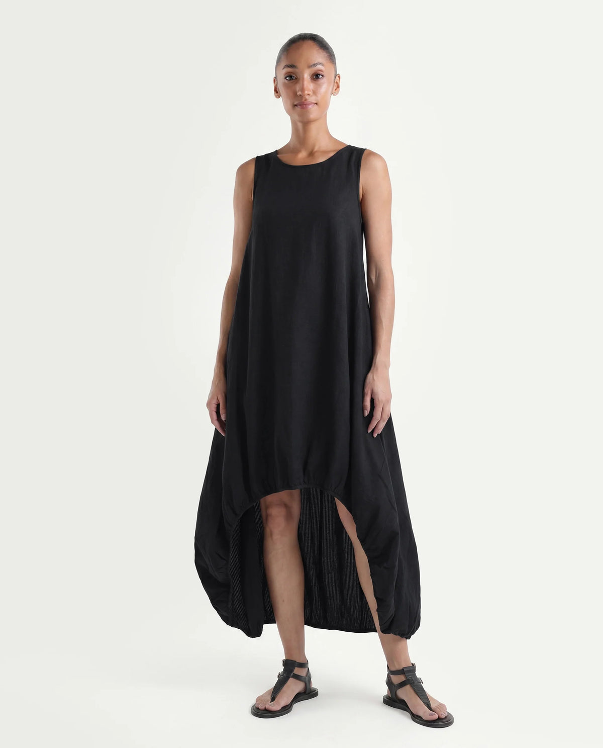 Rareism Women's Zakura Black Cotton Crew Neck Striped Sleeveless Maxi Balloon Dress