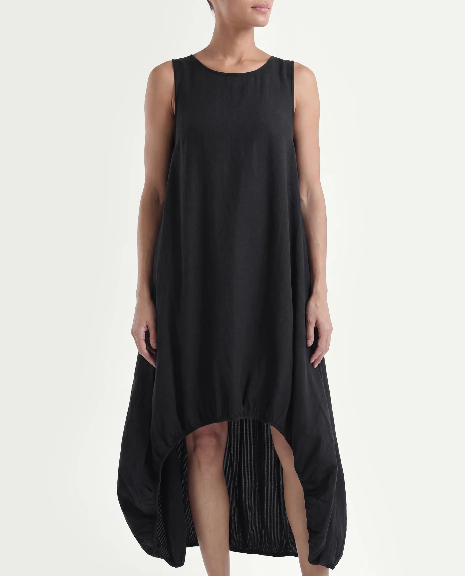 Rareism Women's Zakura Black Cotton Crew Neck Striped Sleeveless Maxi Balloon Dress