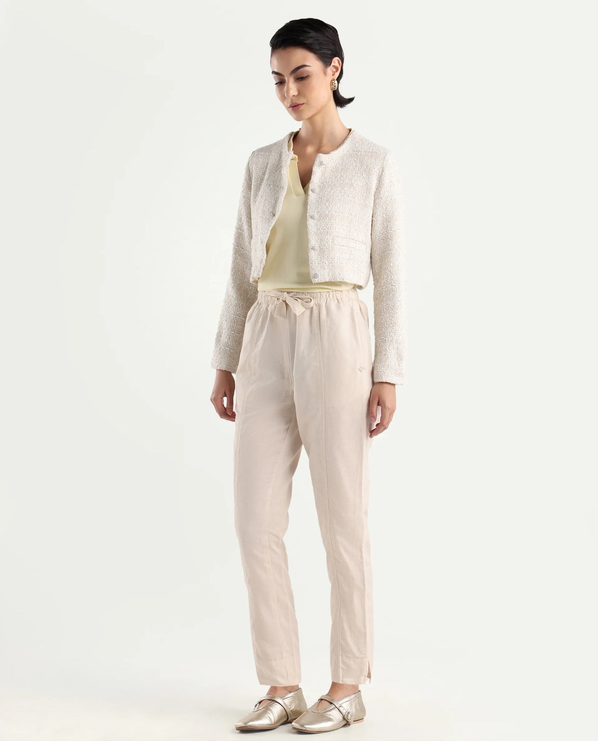 Rareism Women's Bintono Off White Cotton Blend Plain Ankle Length Tapered Trouser