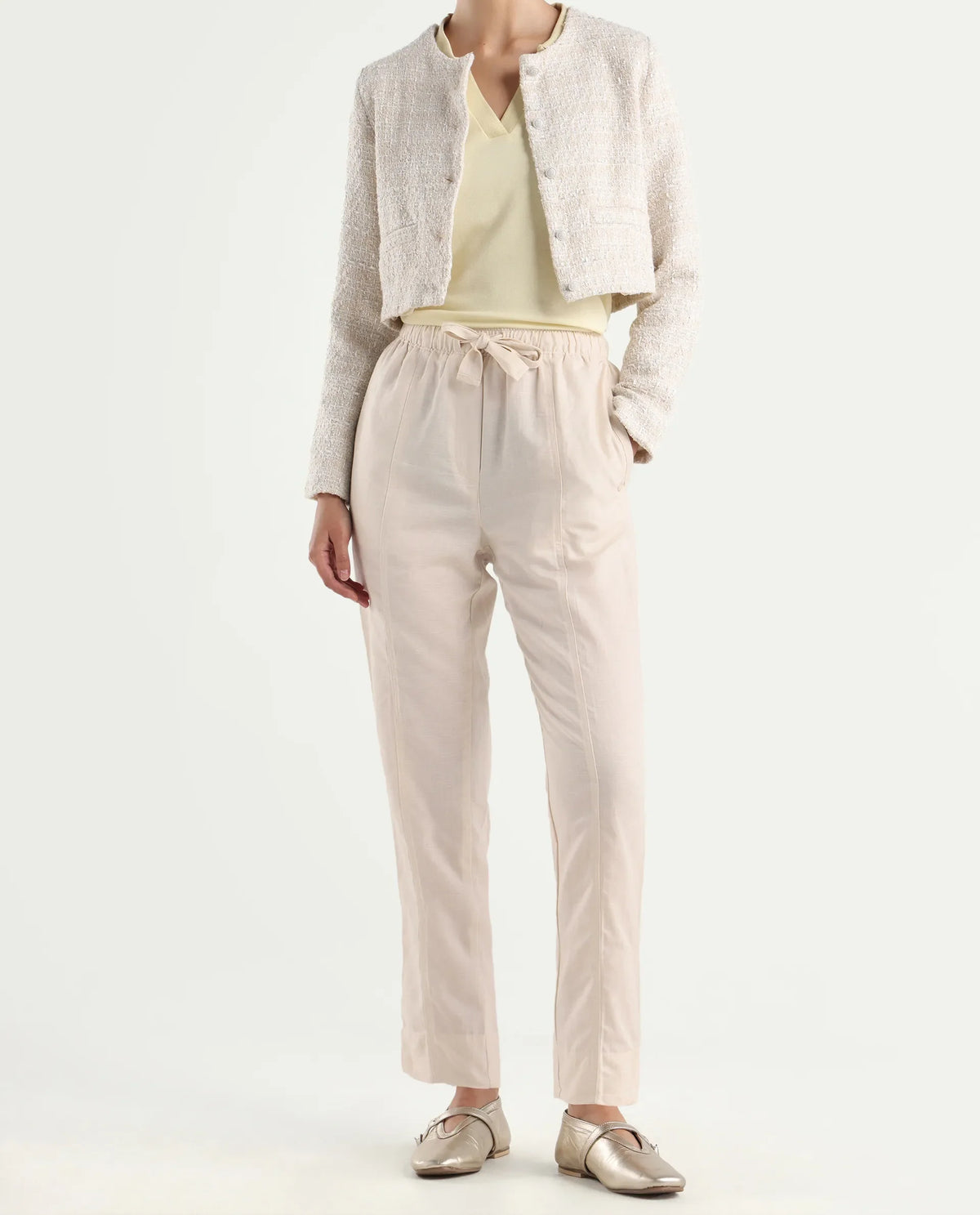 Rareism Women's Bintono Off White Cotton Blend Plain Ankle Length Tapered Trouser