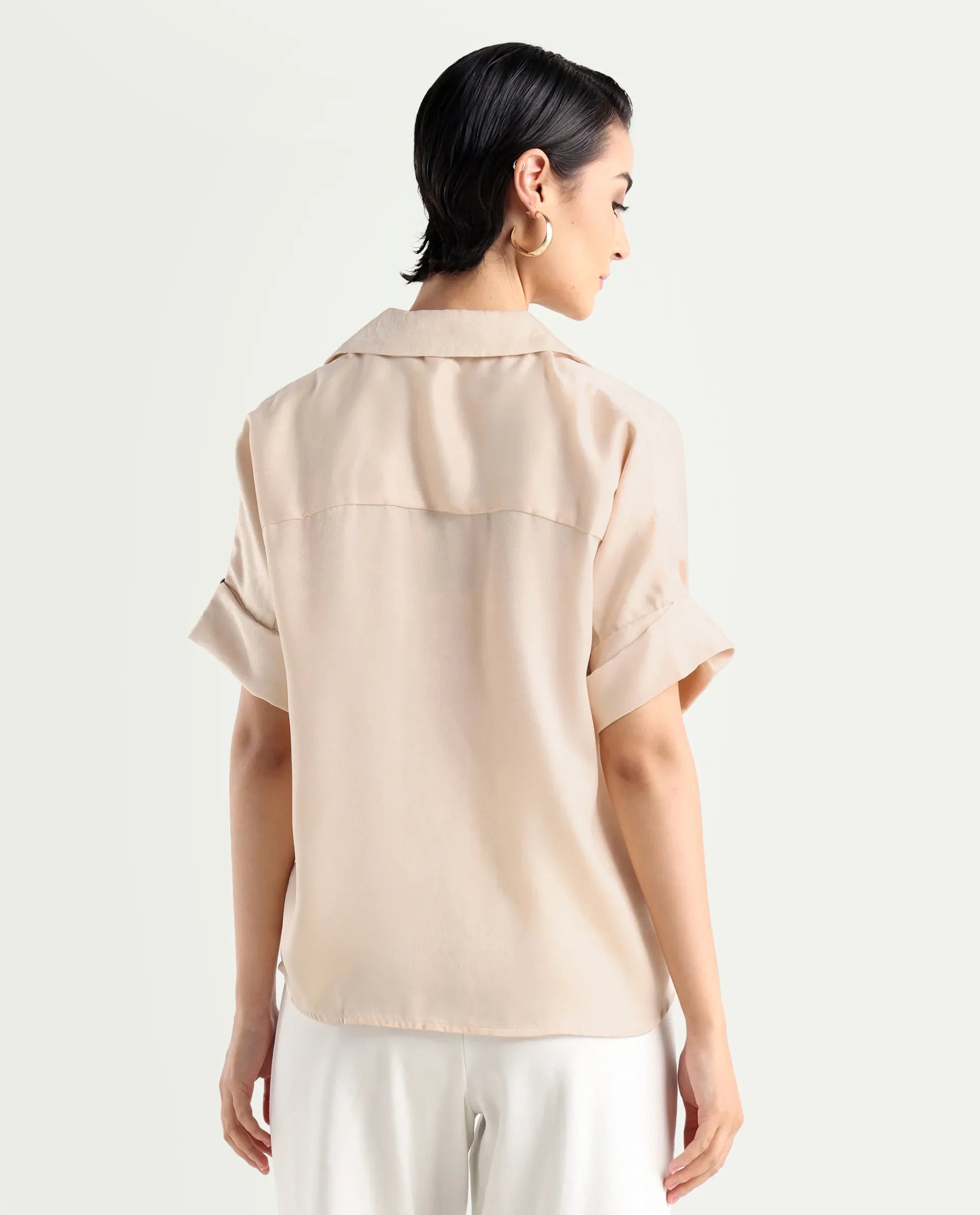 Rareism Women's Yamato-T Light Beige Satin Drop Collar Plain Extended Sleeves Boxy Fit Top