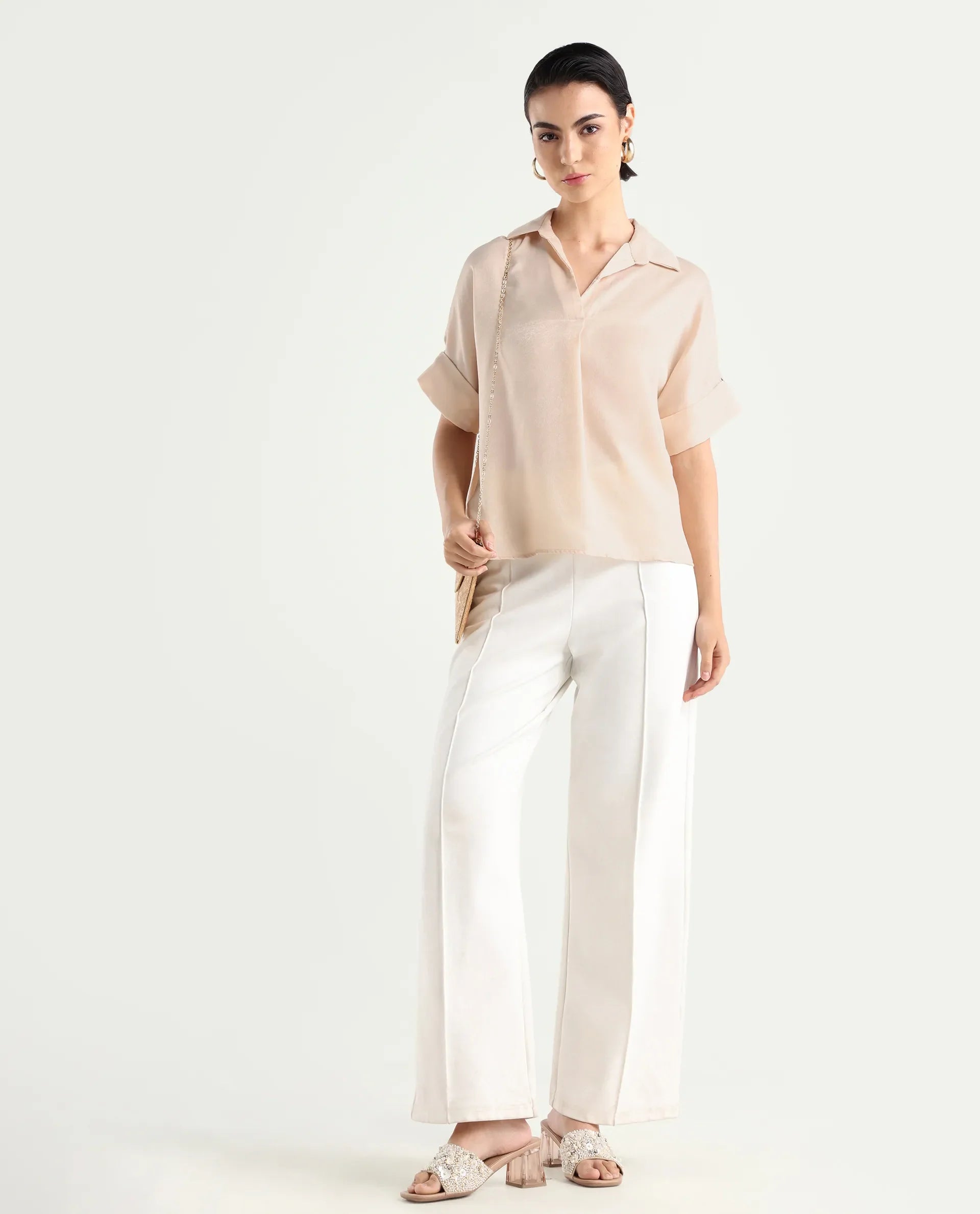 Rareism Women's Yamato-T Light Beige Satin Drop Collar Plain Extended Sleeves Boxy Fit Top