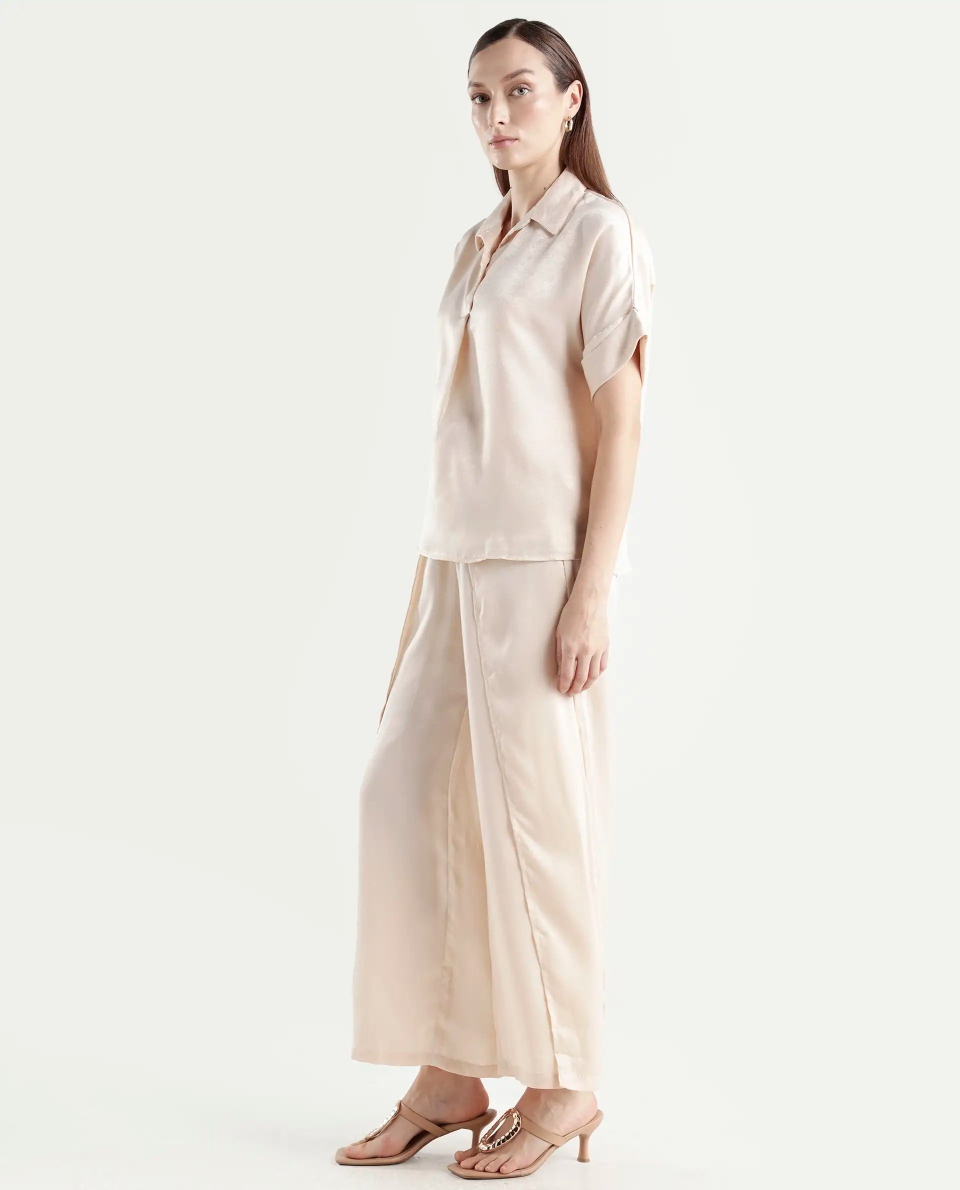 Rareism Women's Yamato-B Light Beige Satin Plain Ankle Length Wide Trouser