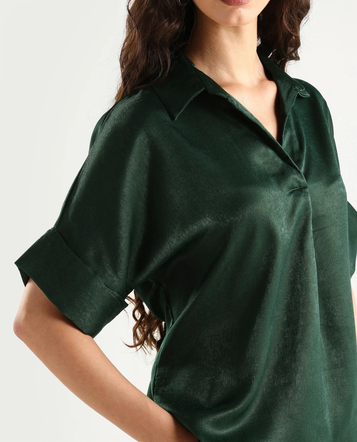 Rareism Women's Lamona-T Dark Green Polyester Drop Collar Plain Extended Sleeves Boxy Fit Top
