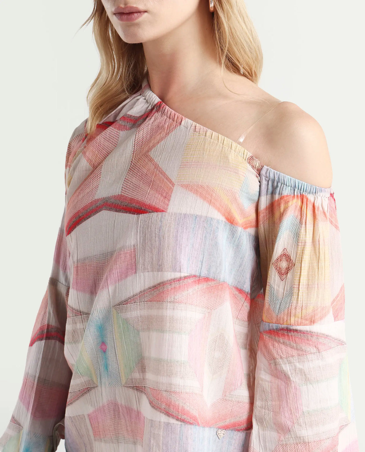 Rareism Women's Leightono Dusky Multi Cotton One Shoulder Abstract Print Raglan Sleeve Regular Fit Top