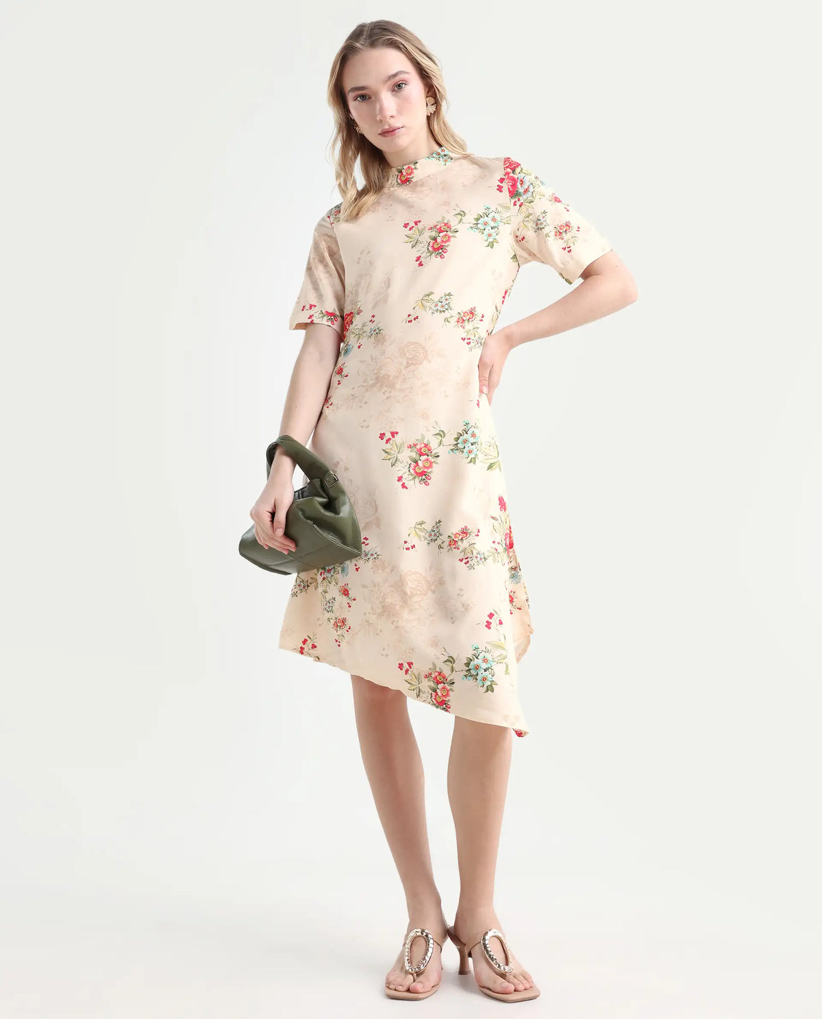 Rareism Women's Kellogs Light Multi Viscose High Neck Floral Print Knee Length Regular Fit Dress