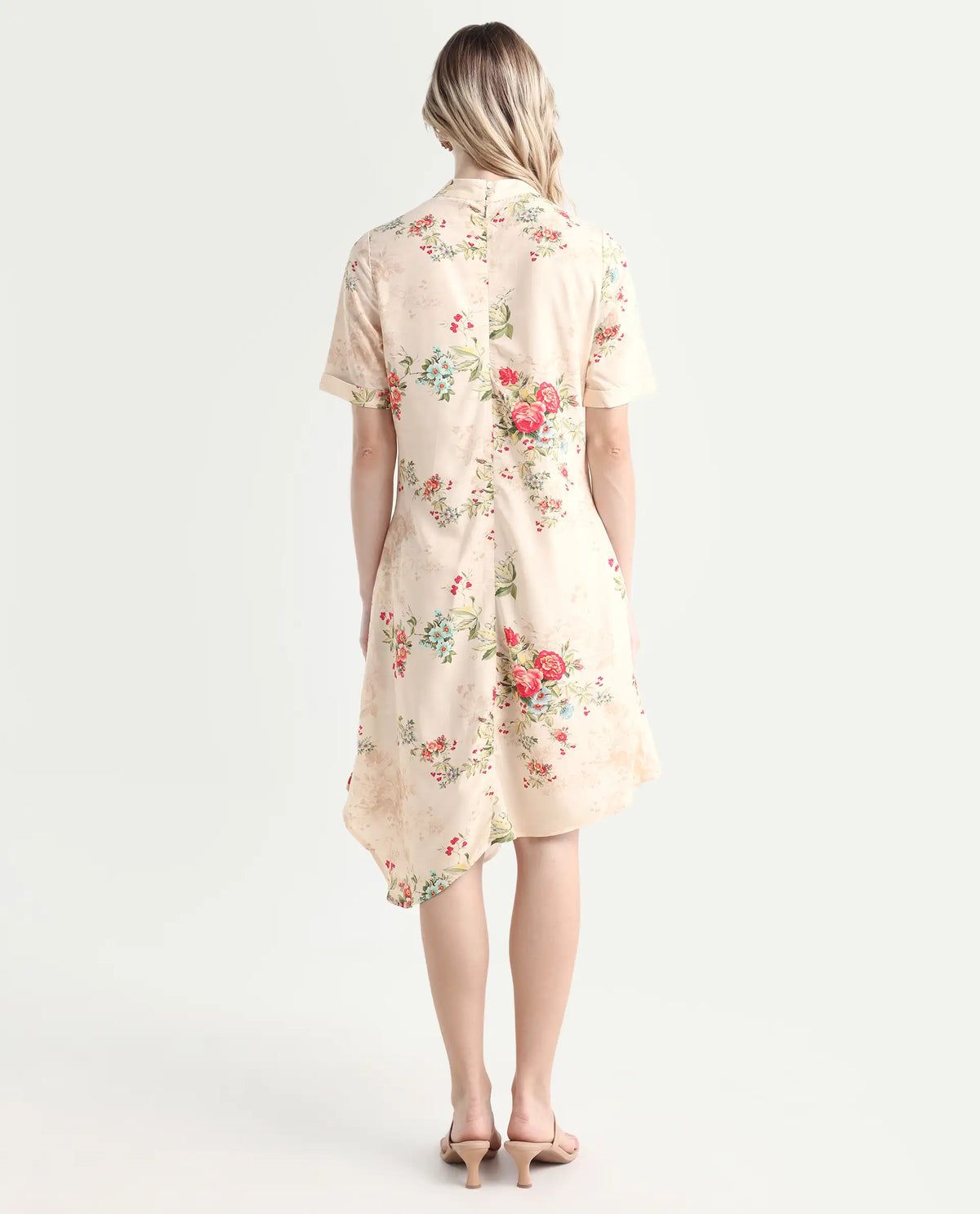 Rareism Women's Kellogs Light Multi Viscose High Neck Floral Print Knee Length Regular Fit Dress