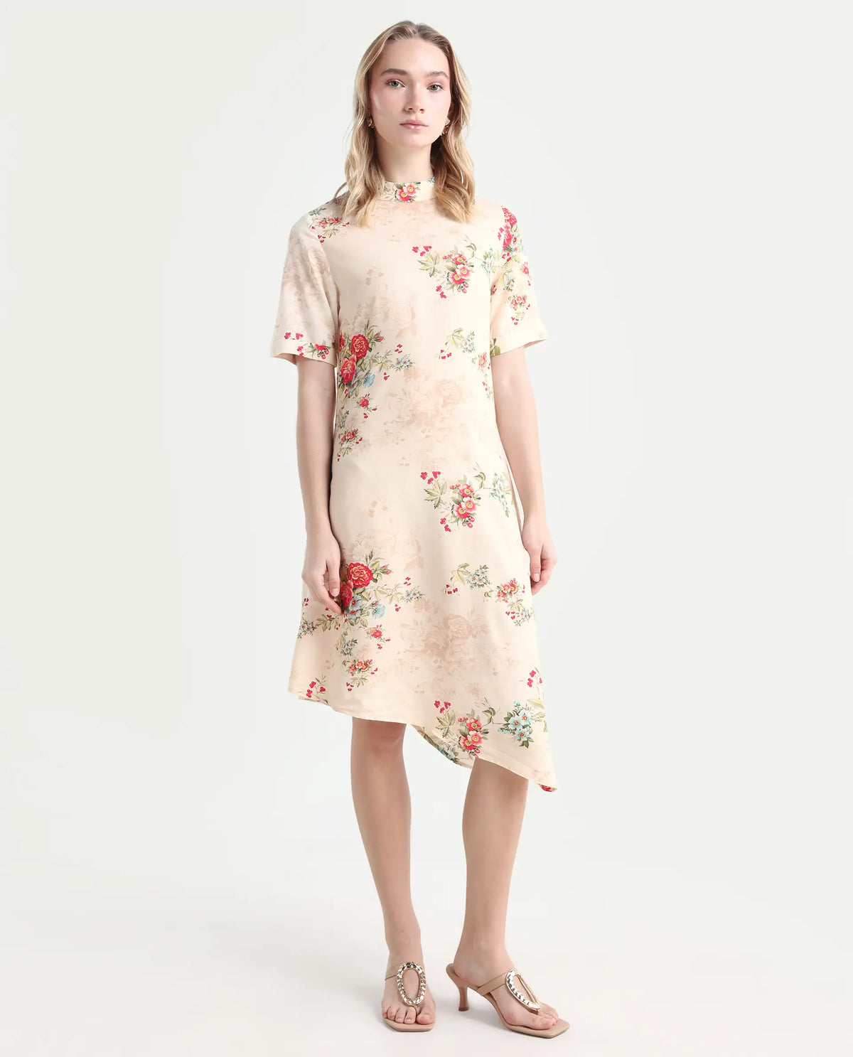 Rareism Women's Kellogs Light Multi Viscose High Neck Floral Print Knee Length Regular Fit Dress