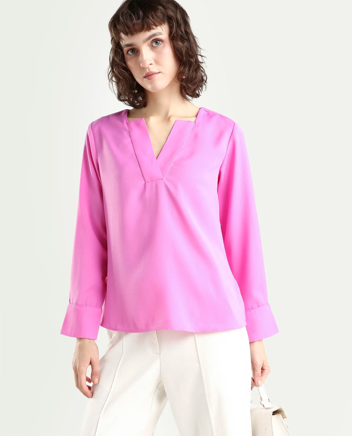 Rareism Women's Shami Pink Polyester V-Neck Plain Cuffed Sleeve Regular Fit Top