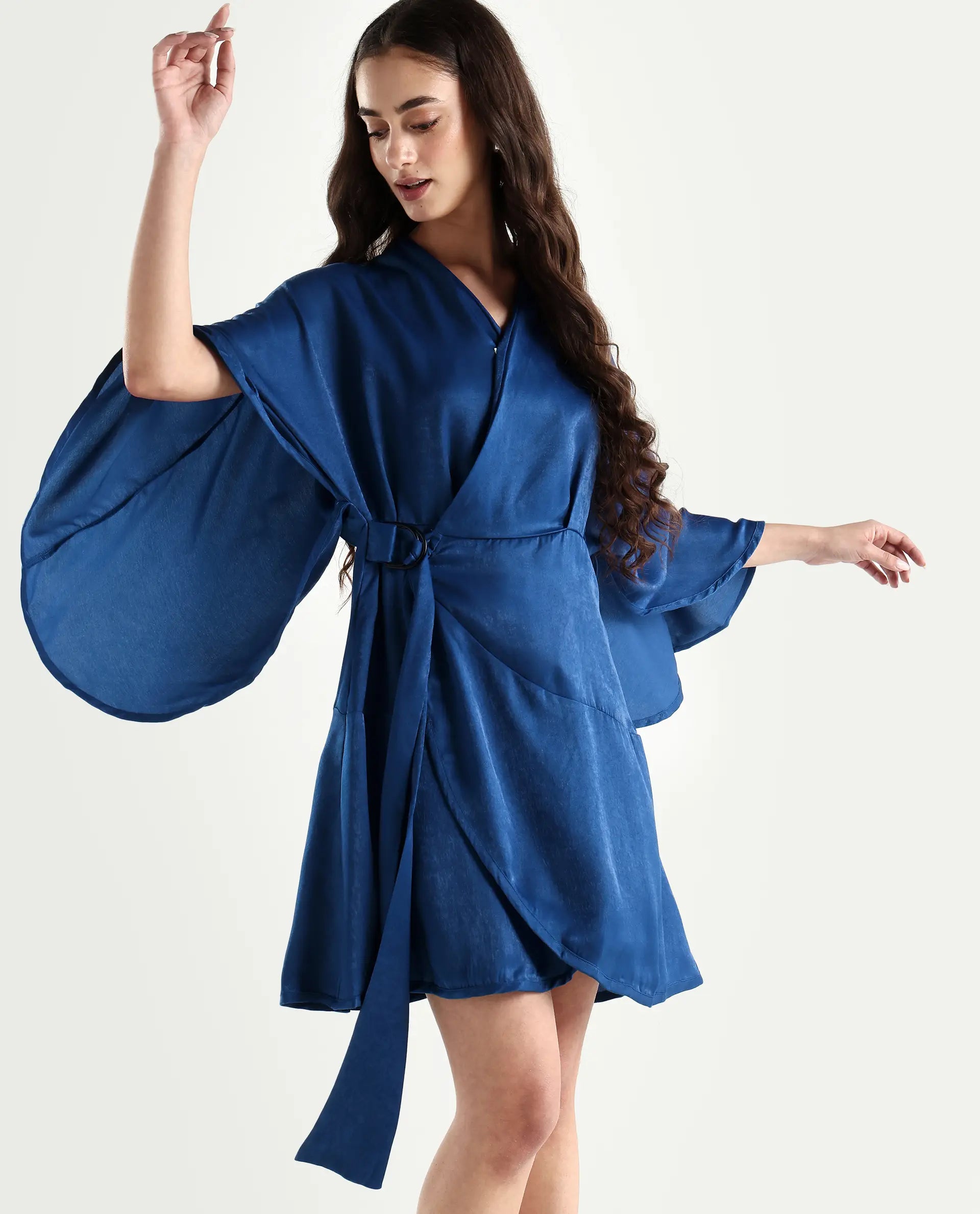 Rareism Women's Alapeno Blue Polyester Overlap Neck Plain Bell Sleeve Mini Fit And Flare Dress