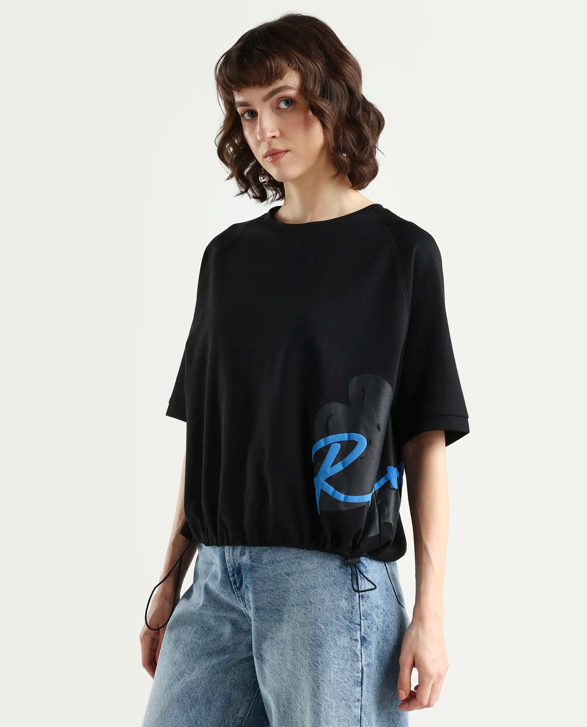 Rareism Women's Marco Black Cotton Blend Crew Neck Graphic Print Relaxed Fit T-Shirt