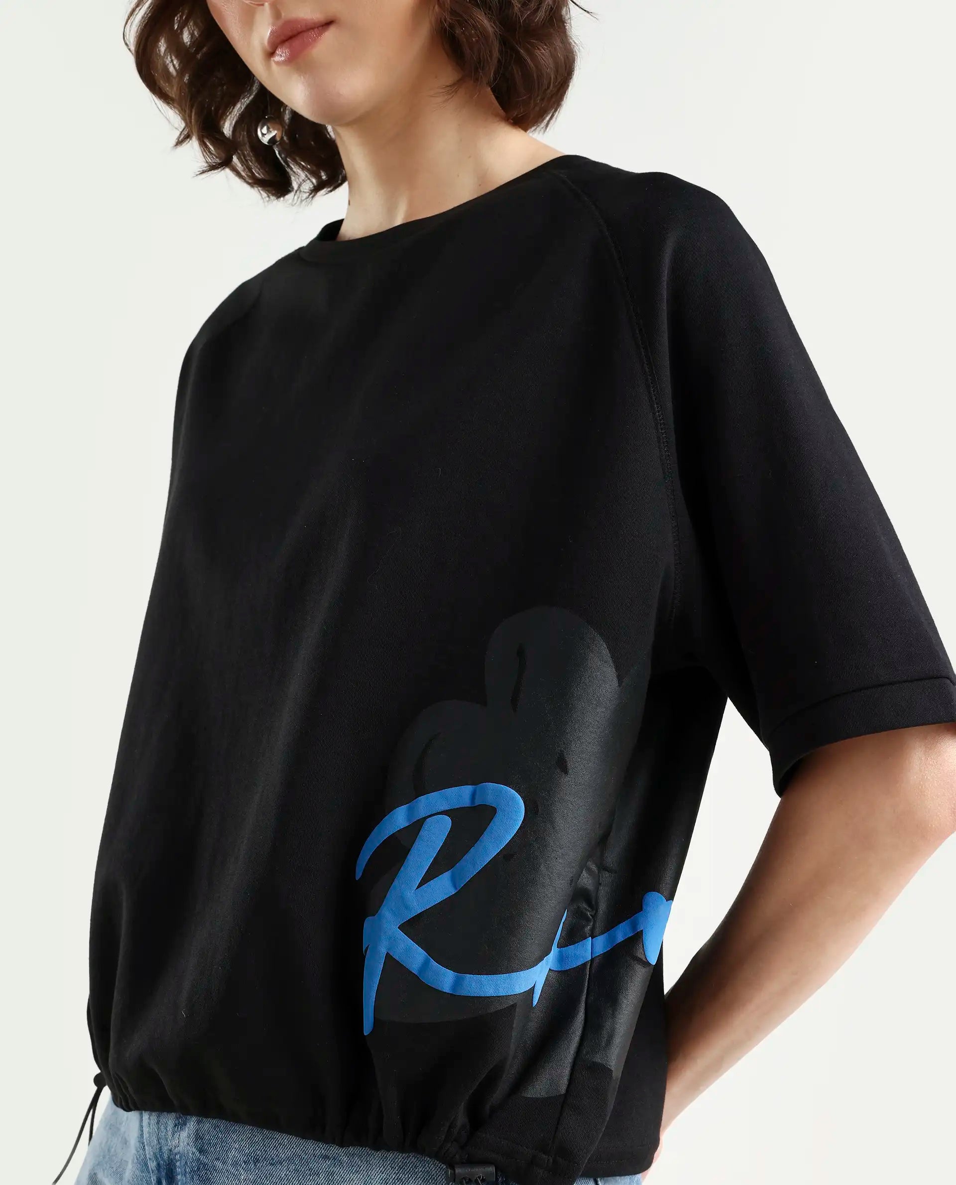 Rareism Women's Marco Black Cotton Blend Crew Neck Graphic Print Relaxed Fit T-Shirt