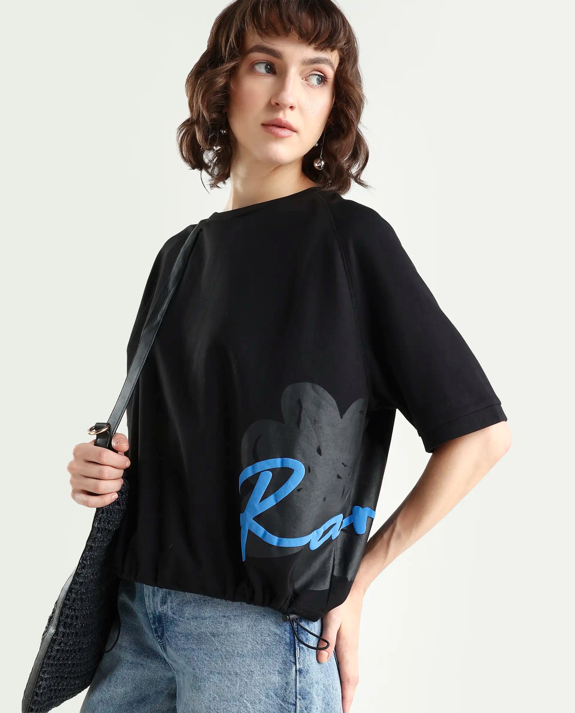 Rareism Women's Marco Black Cotton Blend Crew Neck Graphic Print Relaxed Fit T-Shirt