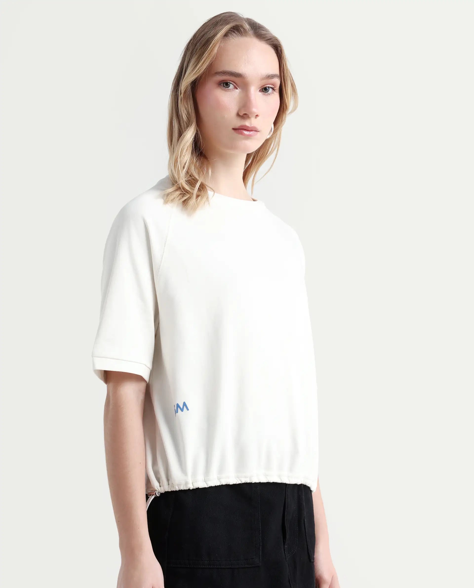 Rareism Women's Kay Off White Cotton Blend Crew Neck Graphic Print Relaxed Fit T-Shirt