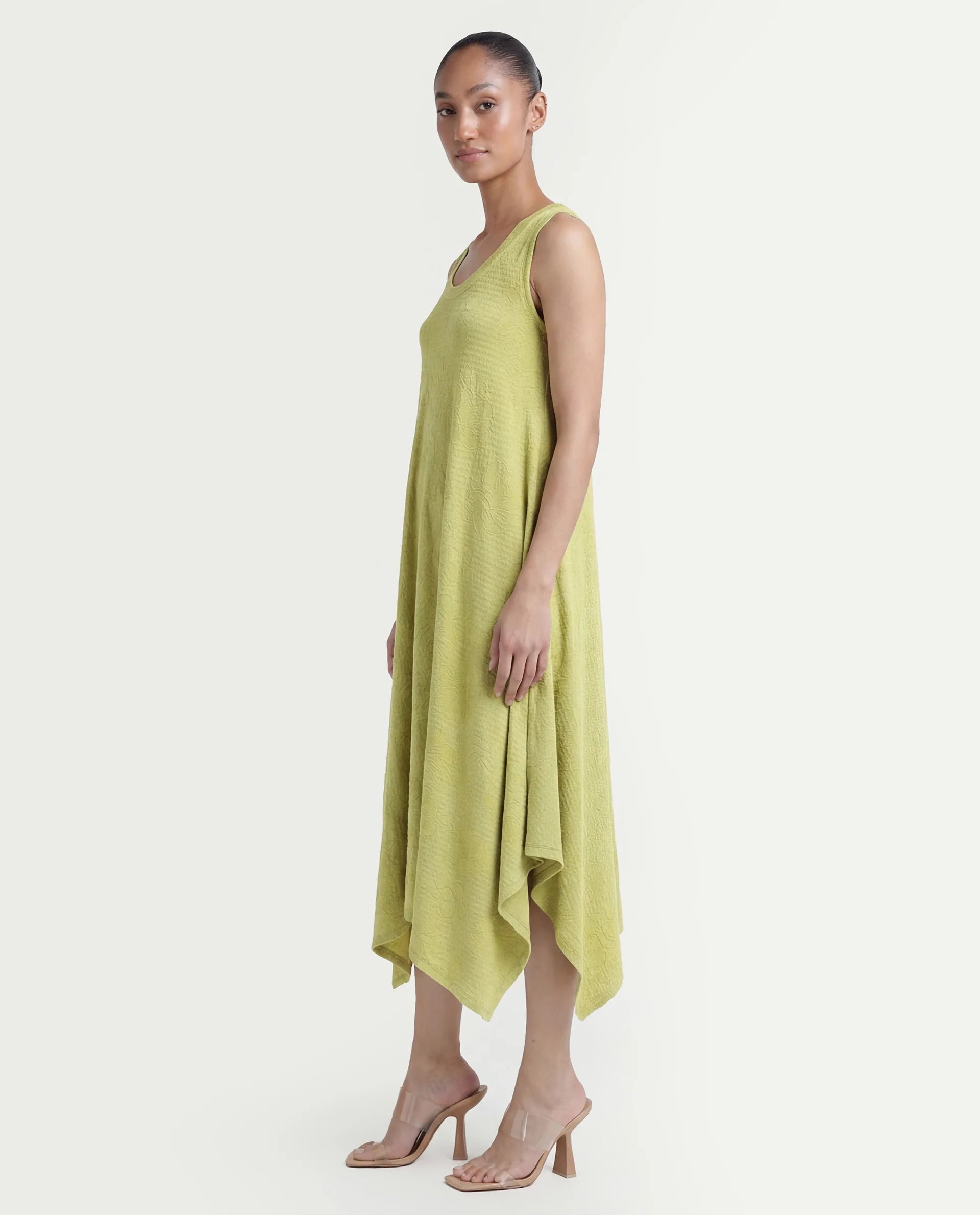 Rareism Women's Kisame Light Green Knit Jacquard Crew Neck Plain Sleeveless Midi Flared Dress