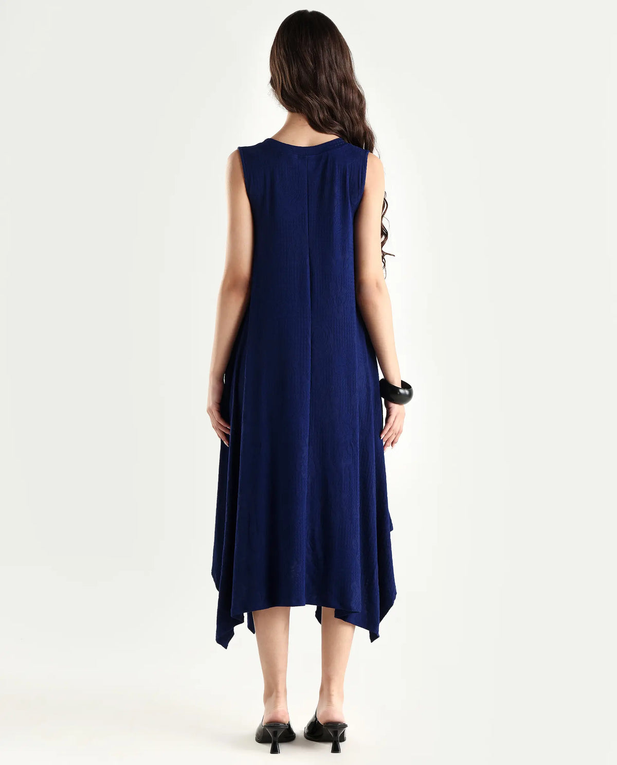 Rareism Women's Kisame Dark Blue Knit Jacquard Crew Neck Plain Sleeveless Midi Flared Dress