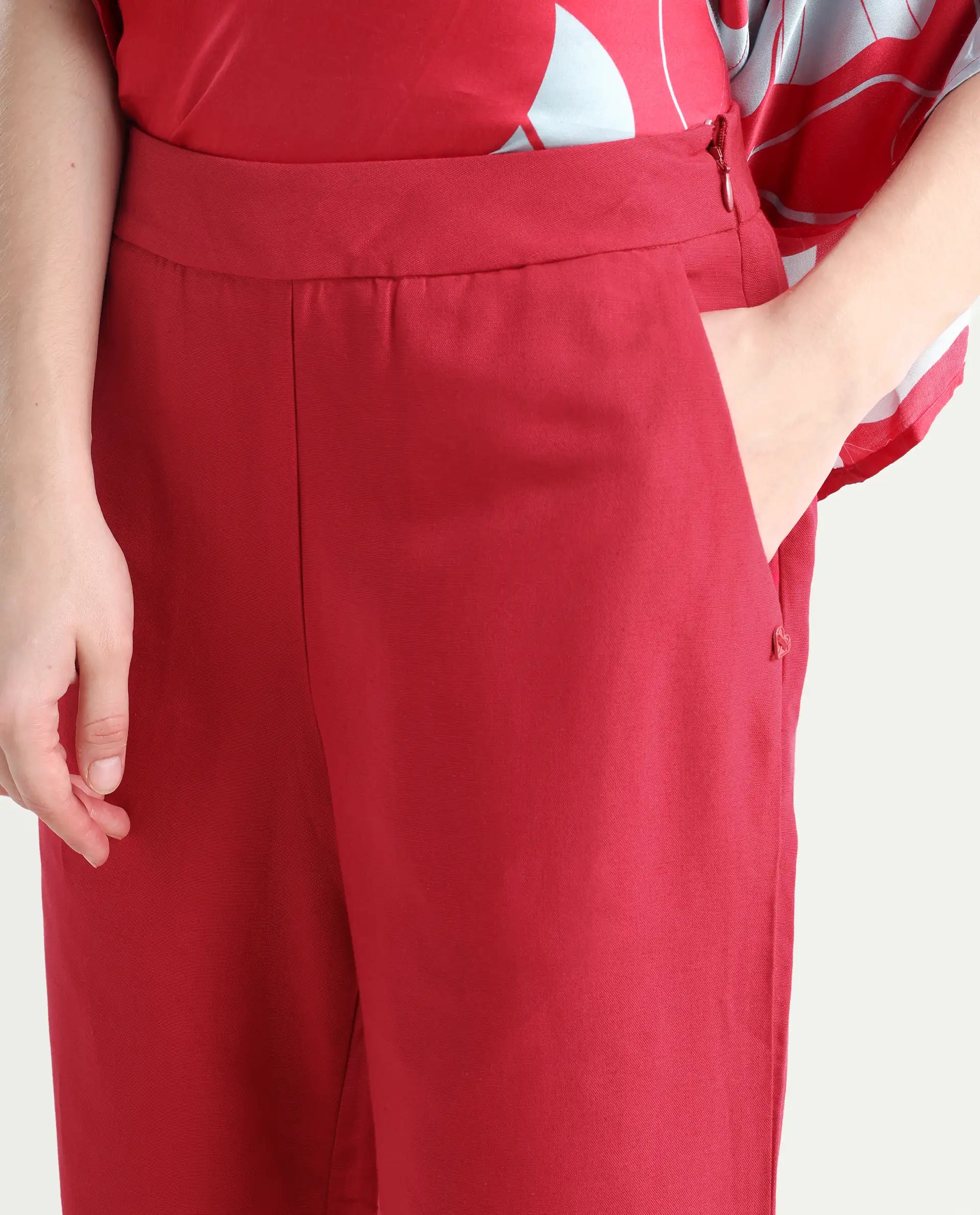 Rareism Women's Ahome Dark Red Viscose Blend Plain Ankle Length Wide Trouser
