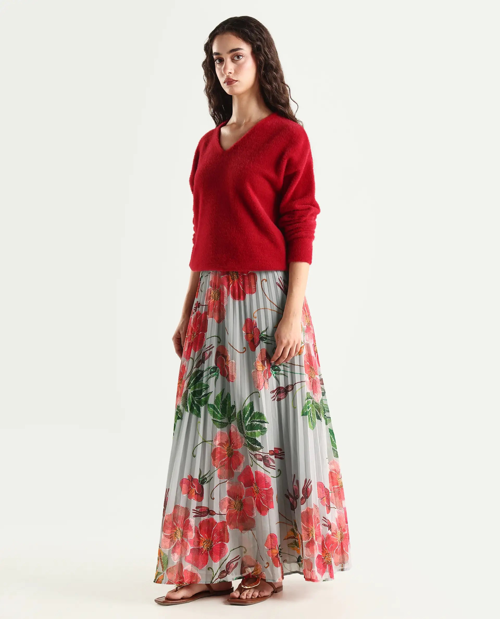 Rareism Women's Rango Multi Polyester Floral Print Maxi Flared Skirt
