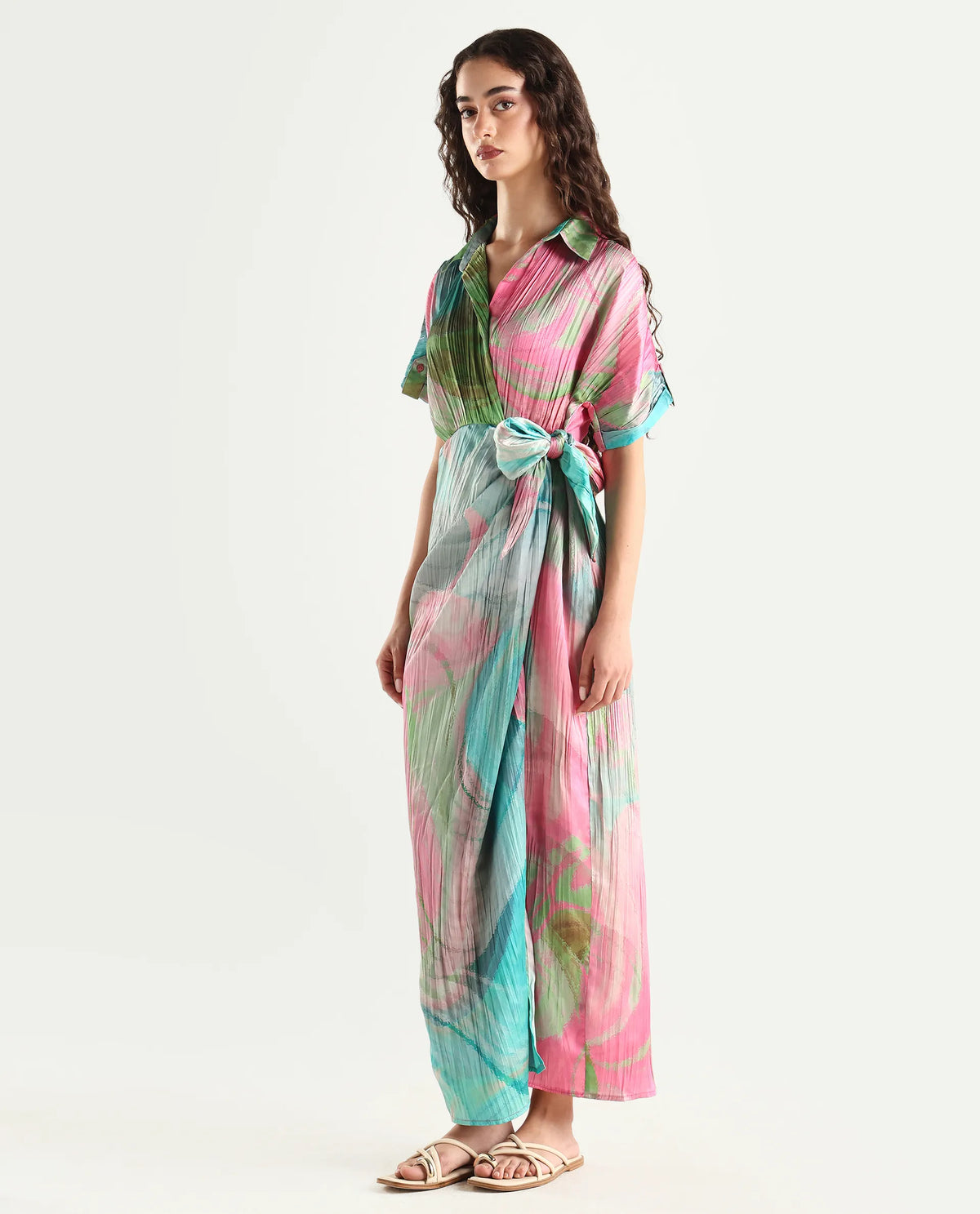 Rareism Women's Chiapas Dusky Multi Polyester Drop Collar Abstract Print Extended Sleeves Maxi Straight Fit Dress