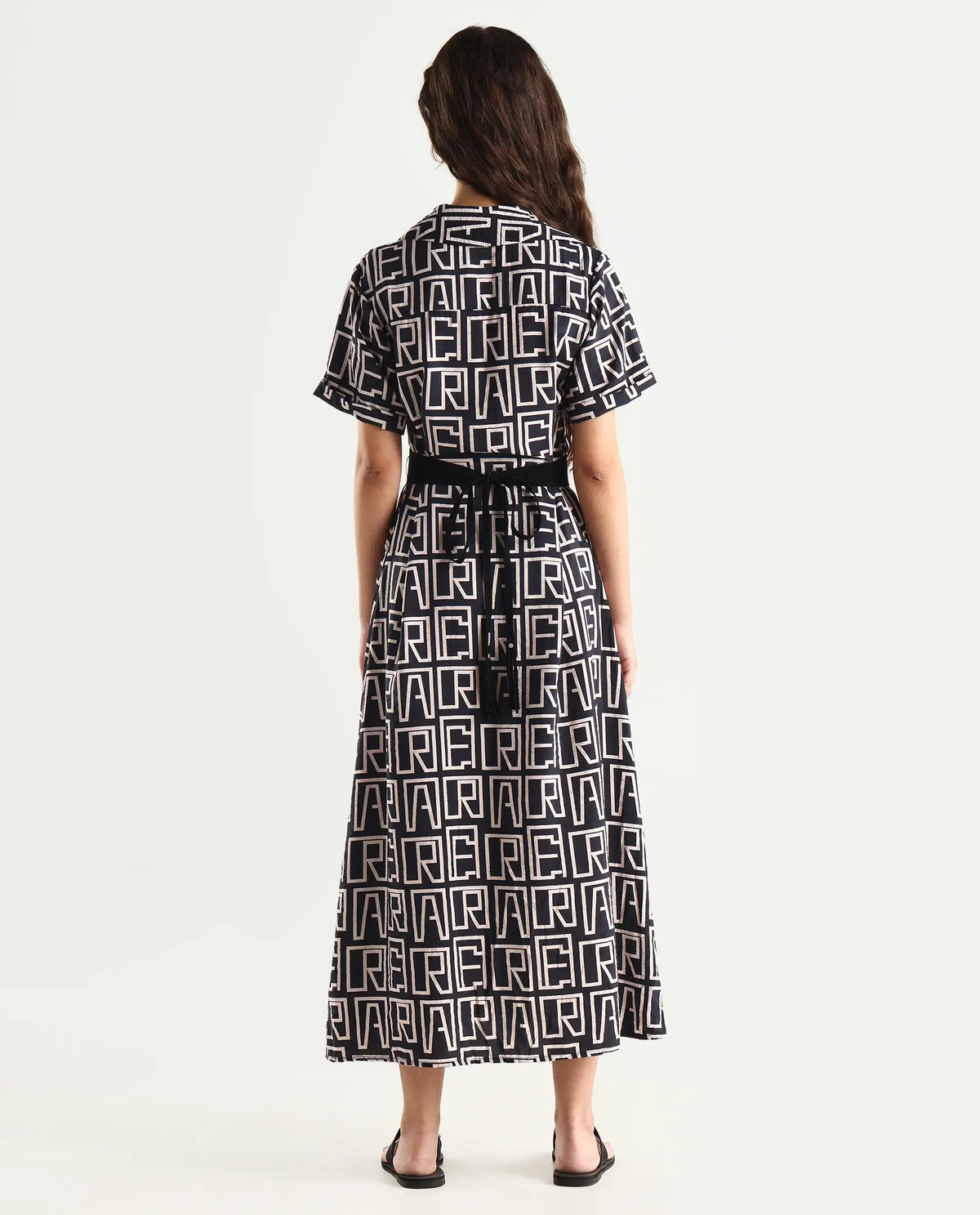 Rareism Women's Onia Black Nylon Blend Drop Collar Monogram Print Maxi Regular Fit Dress