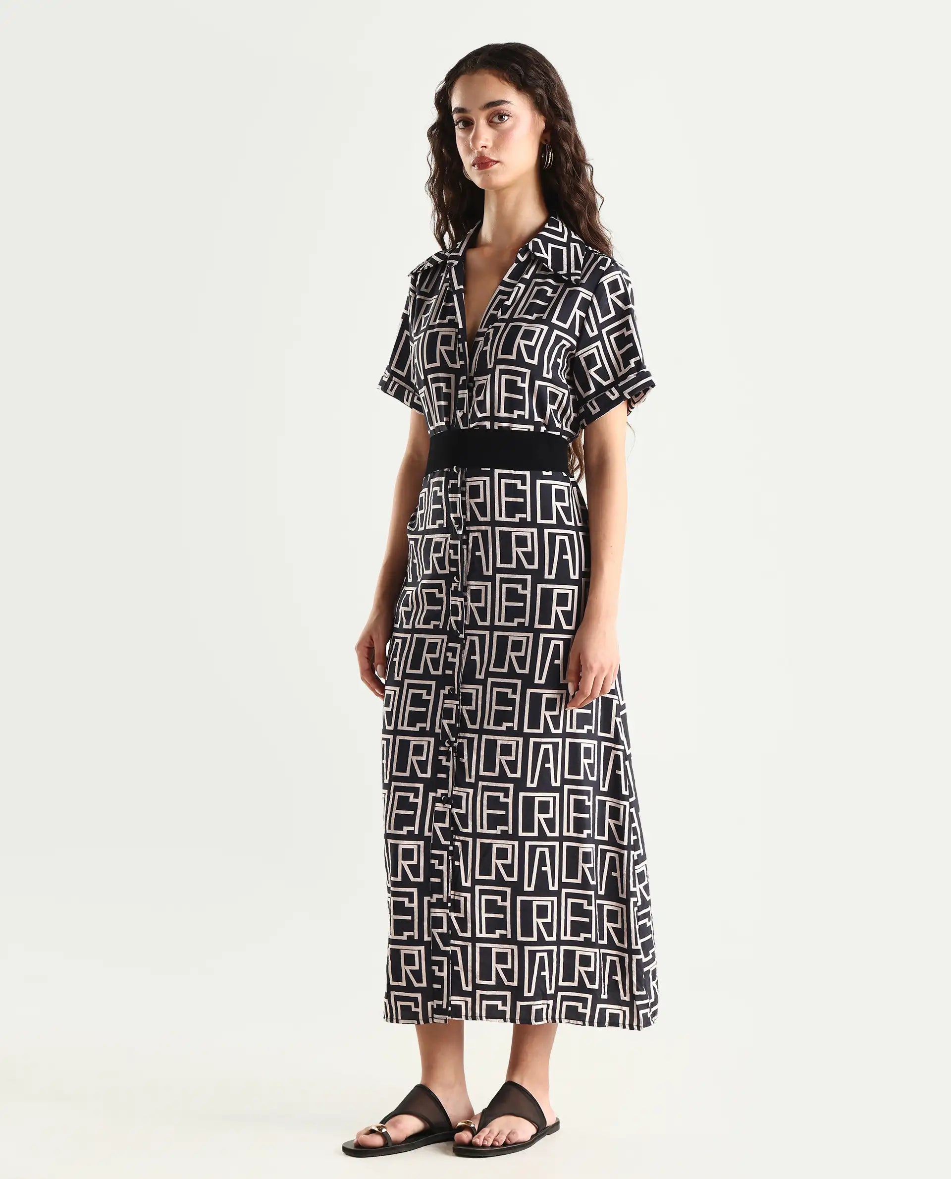 Rareism Women's Onia Black Nylon Blend Drop Collar Monogram Print Maxi Regular Fit Dress